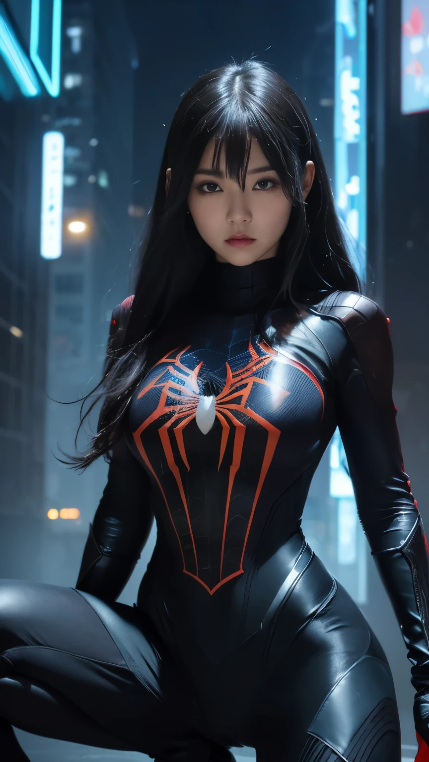 masterpiece, masterpiece_portrait, separated, separated_Video, High res, High_solve, High_quality, High_quality_japanese cartoon movies, supervisor_Detail, hyper_Detail, female 1명, small_face, curly_hair, shiver_hair, long_hair, crummy_hair, long_Eyelashes, female, slim, Glamorous, Thick_Abs, slim_leg, divided_block it, center_open, Gloves, Boots, squatting, (Wearing the Spider-Girl hero suit:1.5), (dark night:1.3), There is water in the body, (물에 젖은 hair), sagging breasts, sagging breasts, (Very big and saggy girl&#39;s breasts:1.5), (very detailed: 1.2), (캐논 EOS R6 최고의 quality: 1.2), (8 thousand: 1.0), (EMB-RRF-Low: 1.0), (A large black tattoo on a cybernetic head opens in the middle to reveal the inside.., 상세한 face, Wearing high-tech sunglasses with highly detailed eyes and holographic displays 1.2), sharp focus (award photo: 1.2), (underground spawning: 1.2), (underground spawning: 1.2). 1.1) (Beautiful and highly detailed cyborg: 1.2), ( 매우 디테일한 hair: 1.2), (nice body: 1.2), (whole body: 1.2), (dynamic stance :1.2), neon glow, (Detailed cybernetic eyes:1.1), enlargement (hyperrealism:1.2), RPG, cyberpunk 2077 style, dramatic lighting, (very detailed futuristic cityscape:1.2), (science fiction: 1.2). 1.2), professional figure,