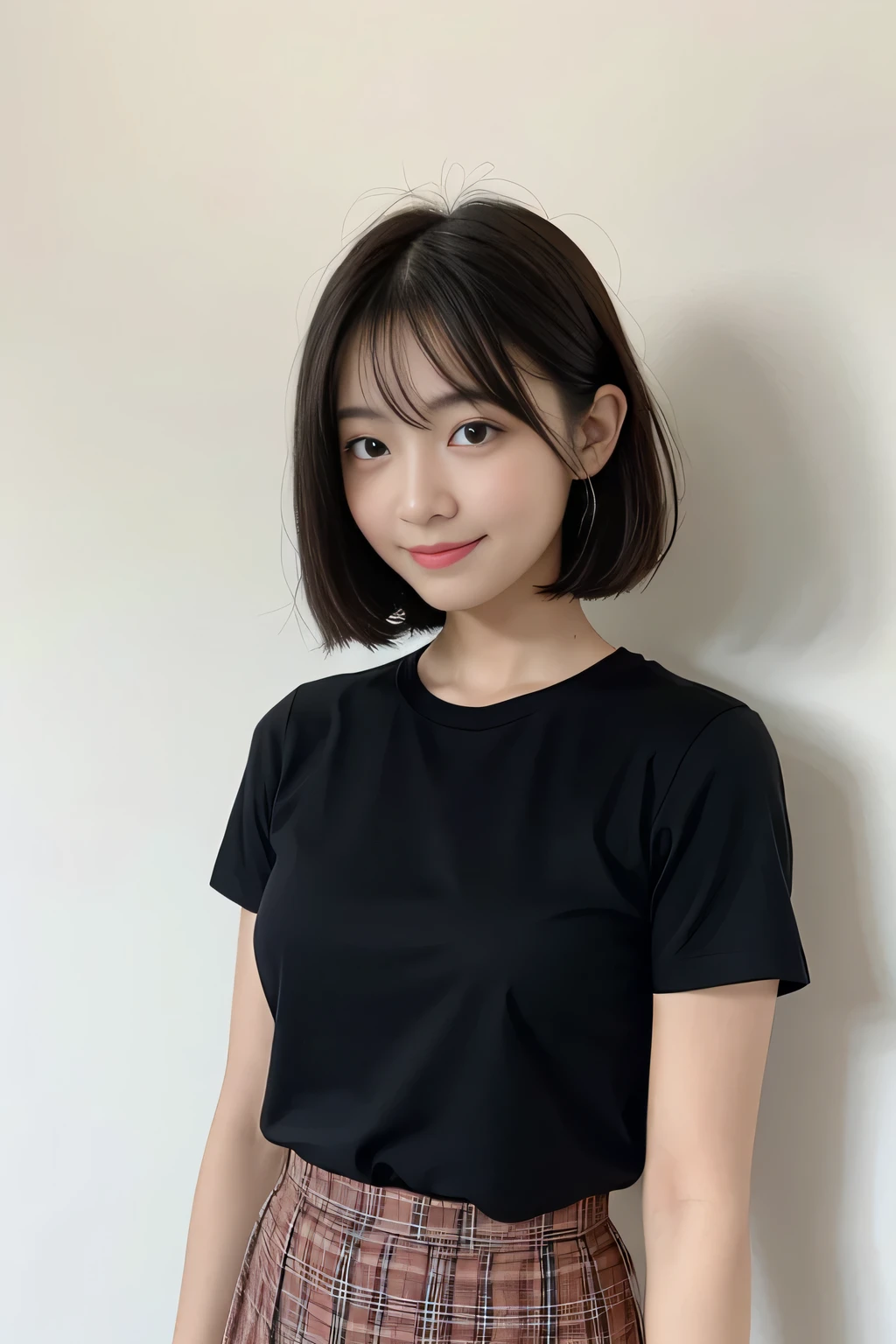 masterpiece、一人のBeautiful woman、detailed face、fine eyes、fine skin、highest quality、Japanese、常に真frontageを向く、background white,、I am 28 years old、I'Iは黒無地の半袖Tシャツを着ています、shy smile、shortcut、brown fluffy hair、soft light, Beautiful woman、bright look、(Are standing)、frontage、small breasts、(Keep your upper body facing straight ahead.......),Wearing a long plaid skirt , full body shot,So that the whole body is reflected, background white, bob hair.,keep your chest straight ahead、black t-shirt、I'Iは黒無地の半袖Tシャツを着ています、The background is a white wall,