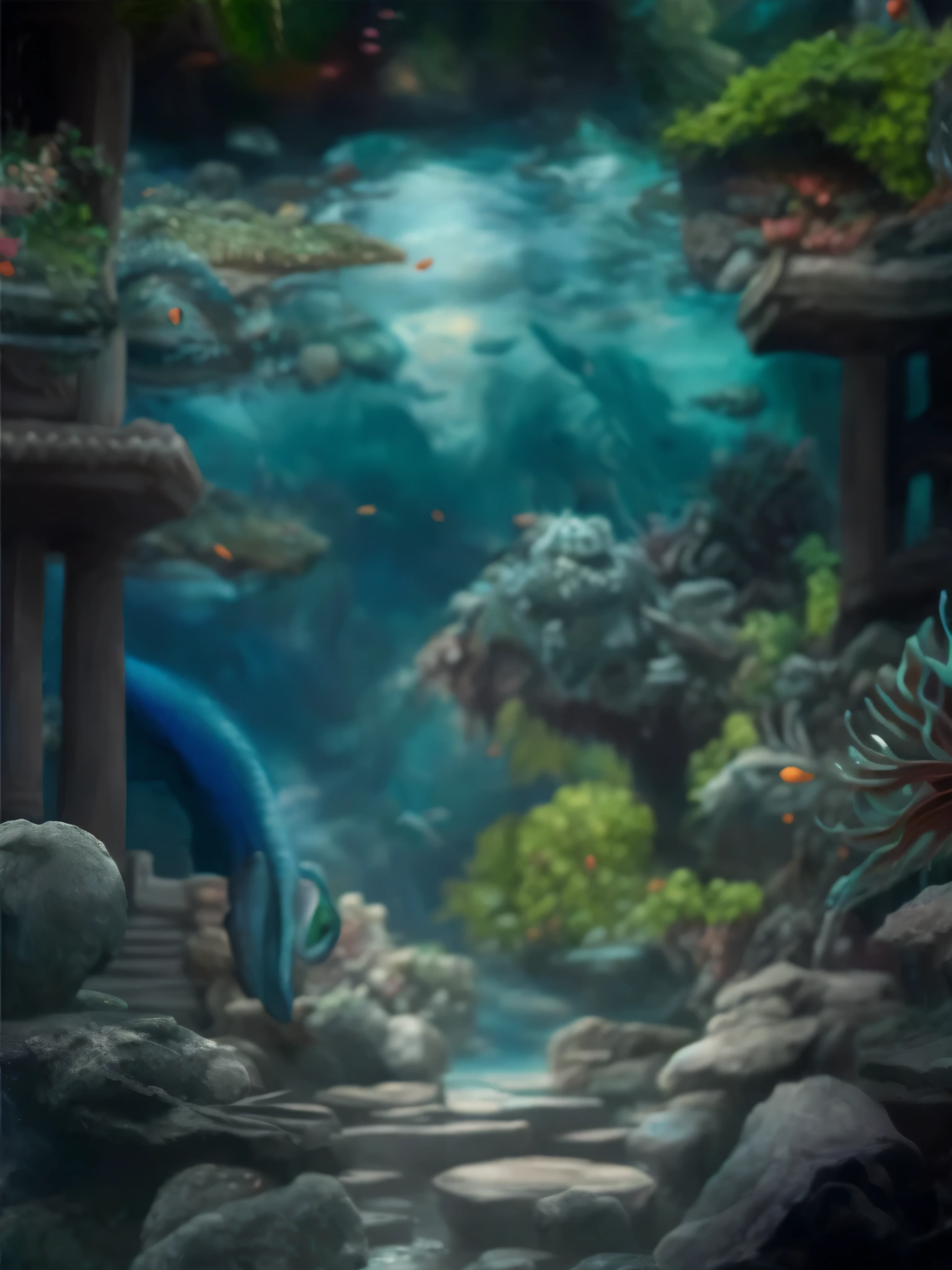 There is a fish swimming in the water, Highly detailed and ultra-realistic visuals, Close-up of movie aquatic scene, 4k highly detailed digital art, Fantasy style matte painting, Organic matte paint, Surreal matte painting, Fantastic digital painting, Surrealism 8k, Dota matte painting concept art, fantasy matte painting, underwater environment, Undersea Temple, Matte Arcane Dota Pixar