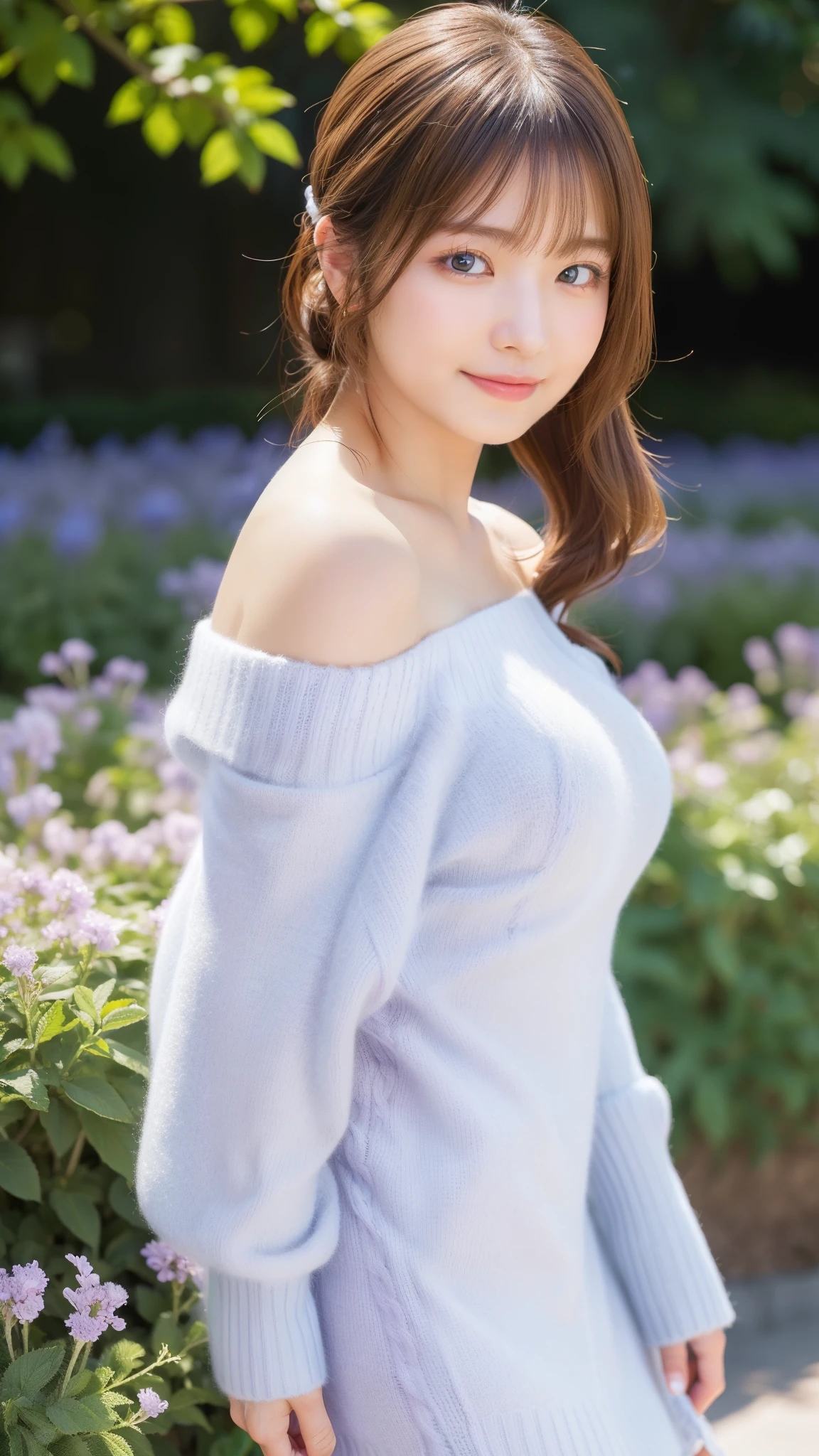 (highest quality,masterpiece:1.3,ultra high resolution),(Super detailed,caustics,8k),(realistic:1.4,RAW shooting),18-year-old,cute,japanese idol,brown hair,ponytail,Looking at camera with a smile,big breasts,super beautiful girl,DETAIL EYE BREAK
(sweater dress(White Theme, (very light blue-purple), high quality cashmere sweater dress, (fluffy fabric), (very tight), off shoulder):1.3),
BREAK squatting position,flower garden,(low position:1.2),(Low - Angle:1.2),(face focus:1.2),(close up of face:1.2),Natural light,(Lens flare),professional lighting