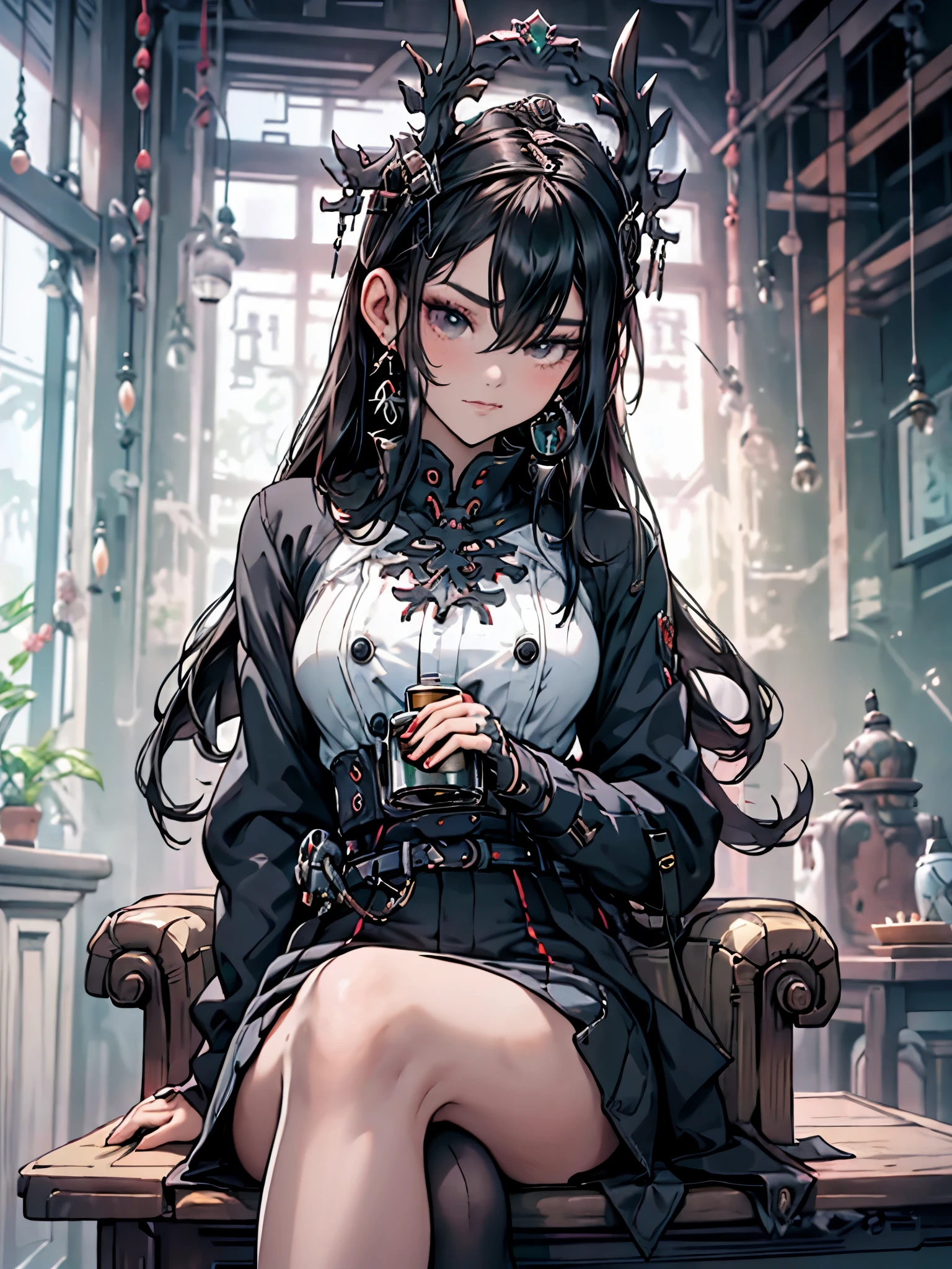 a close-up of a woman sitting at the table with a cup of coffee, Palace ， uma garota em vestes leves, uma jovem como Genghis Khan, linda mulher oriental, mulher chinesa,  chinesa, princesa chinesa, an Asian woman, a young Asian woman, ancient princesa chinesa, Asian woman, Vestindo roupas chinesas antigas totalmente brancas, beleza tradicional, young asian, corpo inteiro, pernas semi cruzadaascara techpunk cyberskull)))