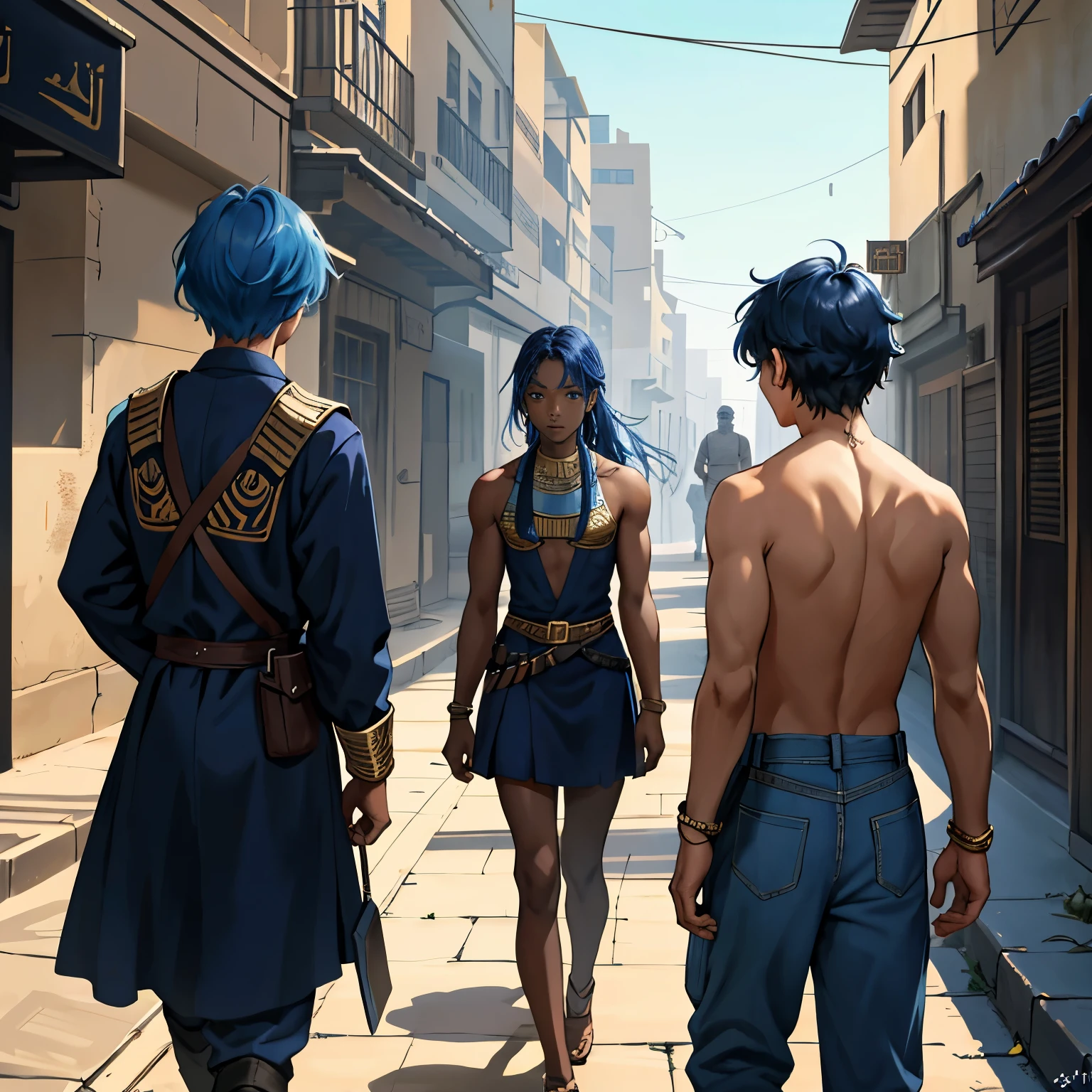 There is tension in the atmosphere, they are nervous with fear, a group of 3 friends, ages 13 and 24., They are talking about how to defend themselves from the enemy army when they invade the city 14 years of blue hair, The 14-year-old boy with straight hair with his back uncovered and his chest bare but dressed in typical clothes of ancient Egypt with dark skin walking lost through the different streets of a city is noon. doferentes angulos mira la ciudad desde lo slto de una colina.