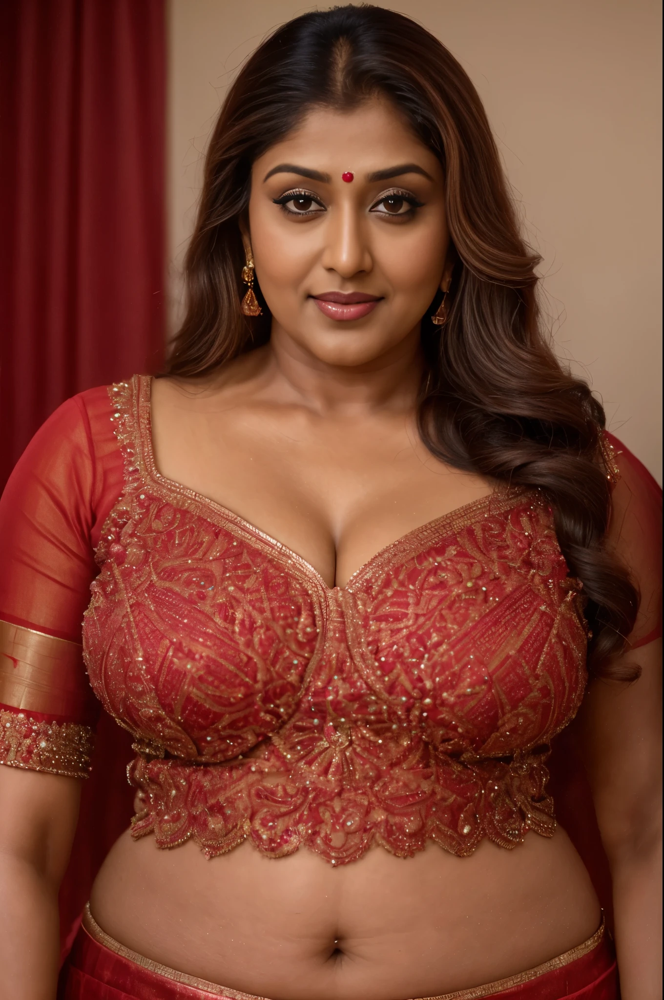 Looks like Indian Actress Nayanthara, actress Nayanthara, mallu, mallu aunty, desi aunty, full figured mature beauty, attractive figure, 48 years old, desi milf, desi aunty, a close up of a woman in a red dress in a bedroom, inspired by Avigdor Arikha, sleek!!!, indian super model, wavy hair combed to one side, actress, by Jitish Kallat, smoldering, intense smoldering, fashion, an angel, print ready, with a dramatic looking, inspired by Sudip Roy, seductive look