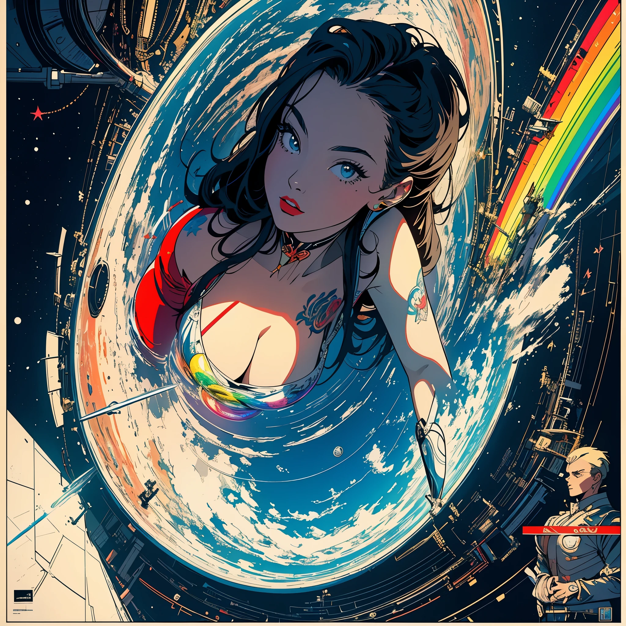 (masterpiece, highest quality), 32k,(A very detailed beautiful woman), poster,science fiction,1960s,1970s,bauhaus, shape, OK, abstract, propaganda,movie poster, vintage,retro,futuristic,anime,ultimate map,Perfect rainbow,highlight,angle from below, awesome style, big tits,tattoo,