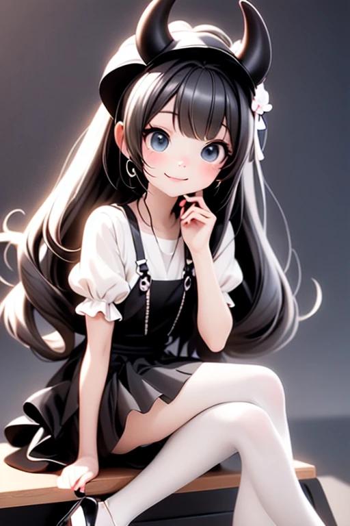 masterpiece, best quality, a cute girl smiling, long hair, (white skin:1.6), red smokey eyes makeup, crop shirt, short puffy sleeves, mini skirt, earrings, big_black_bat_wings, goat _horn_on_head, choke, (white pantyhose), ((Lolita shoes)), ((patent leather PUMPS)), laying, from below, footwear focus, (((clothes tug))), ultrarealistic, cute digital painting, cute digital art, realistic cute girl painting, cute detailed digital art, cute cartoon characters, beautiful character painting, cute characters, cute anime girl, cute cartoon, kawaii realistic portrait, digital cartoon painting art, cartoon cute, cute portrait, render a cute 3D anime girl, kawaii realistic portrait, anime moe art style, drawn in an anime artist studio, sitting on the ground, high - end fashion photoshoot, 