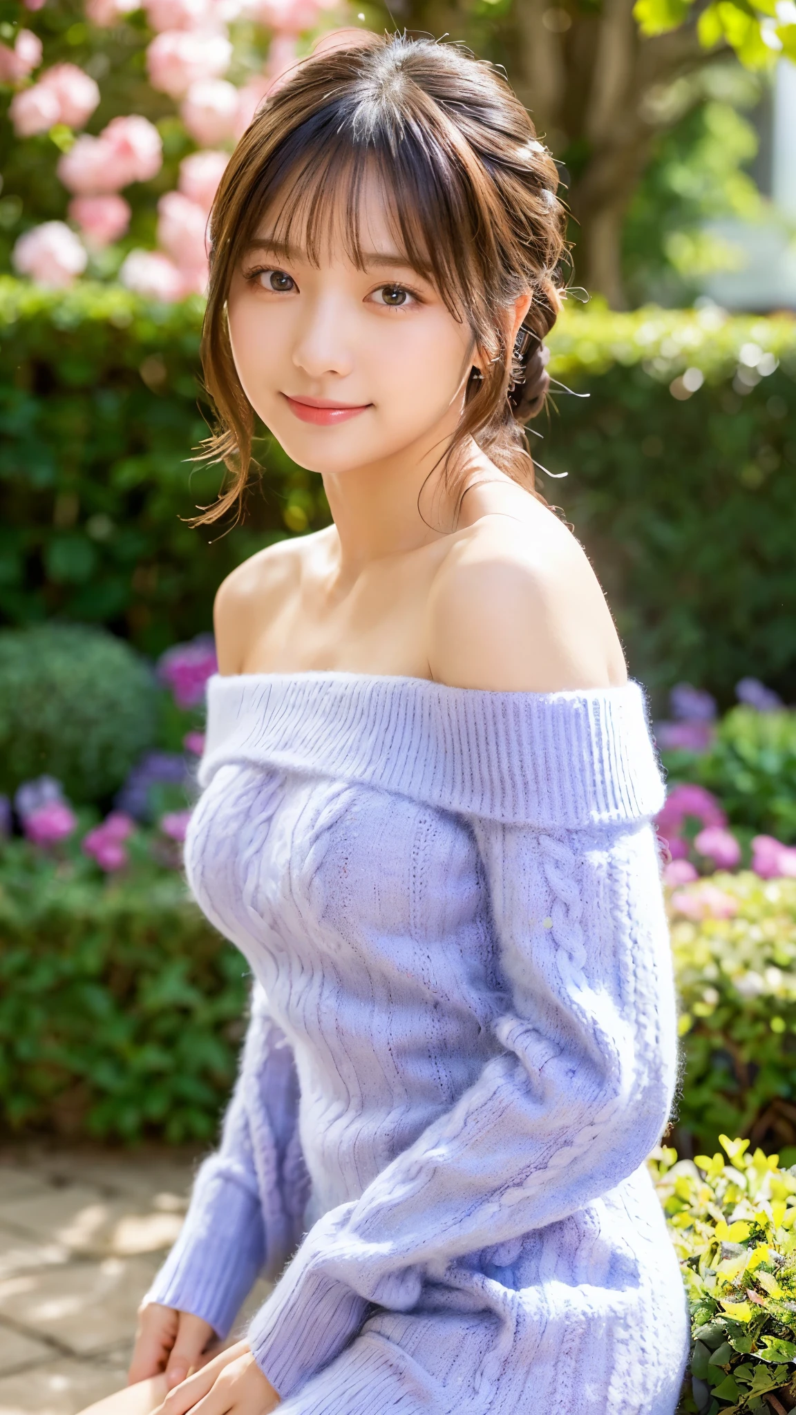 (highest quality,masterpiece:1.3,ultra high resolution),(Super detailed,caustics,8k),(realistic:1.4,RAW shooting),18-year-old,cute,japanese idol,black hair half up,Looking at camera with a smile,big breasts,
BREAK 
 (sweater dress(White Theme, (very light blue-purple), high quality cashmere sweater dress, (fluffy fabric), (very tight), off shoulder):1.3),
BREAK squatting position,flower garden,(low position:1.2),(Low - Angle:1.2),(face focus:1.2),(close up of face:1.2),Natural light,(Lens flare),professional lighting