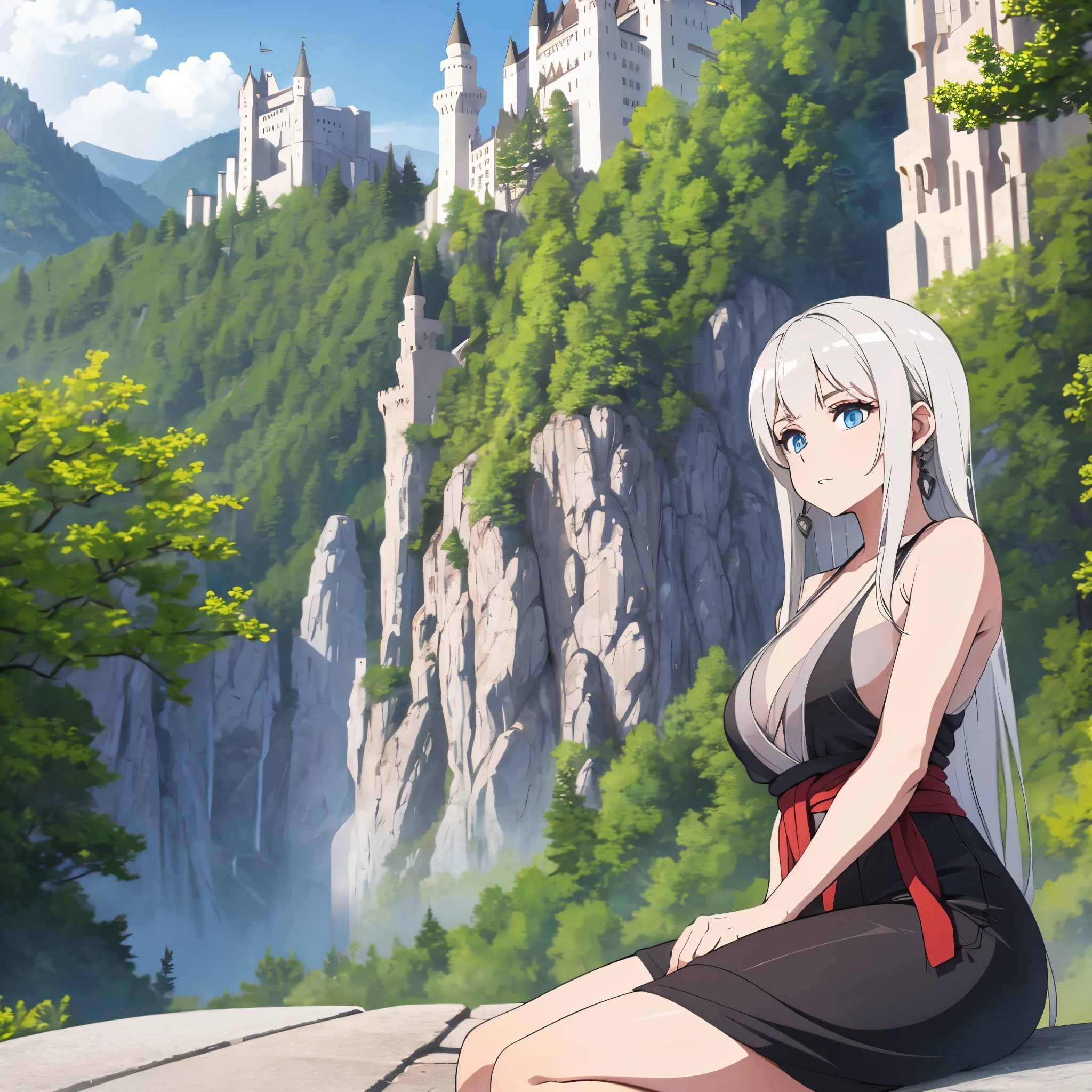 A woman wearing casual clothes, silver hair and blue eyes,
outside Neuschwanstein castle.