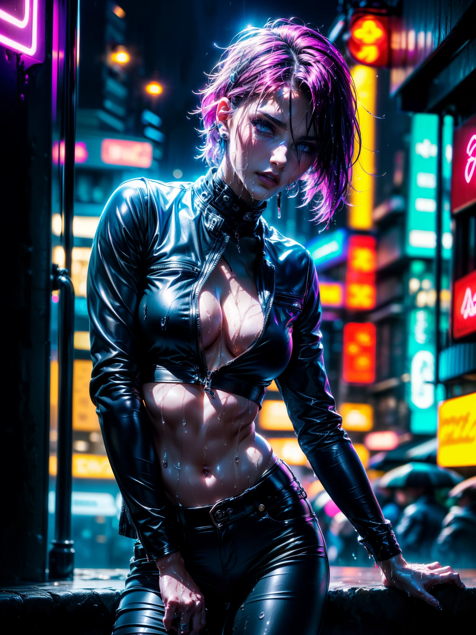 (Masterpiece, Best quality, high resolution, 32k unit wallpaper, extremely detailed CG:1), (highly detailed and perfect illustration:1.0), ((ung beautiful woman by cyberpunk, dynamic and sexy pose, resting on a wall with one leg perched on the wall: 1.5, head leaning forward lighting a cigarette: 1.4, illuminated by the cigarette light on her face)),((cyberpunk clothing, top leather pants with ornaments and bright colorscity at night cyberpunk)), neon signs, futuristic cars, dark place, intense rain, ((wet clothes, magenta neon lights illuminating the young man perfectly:1.45).