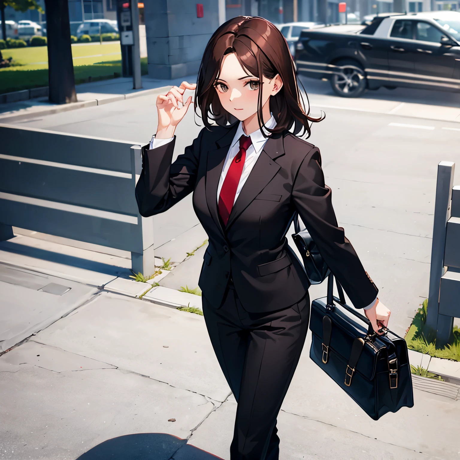 dark brown hair dark brown eyes black business suit red tie pants woman in her 30s black business bag medium hair without bangs very small breasts