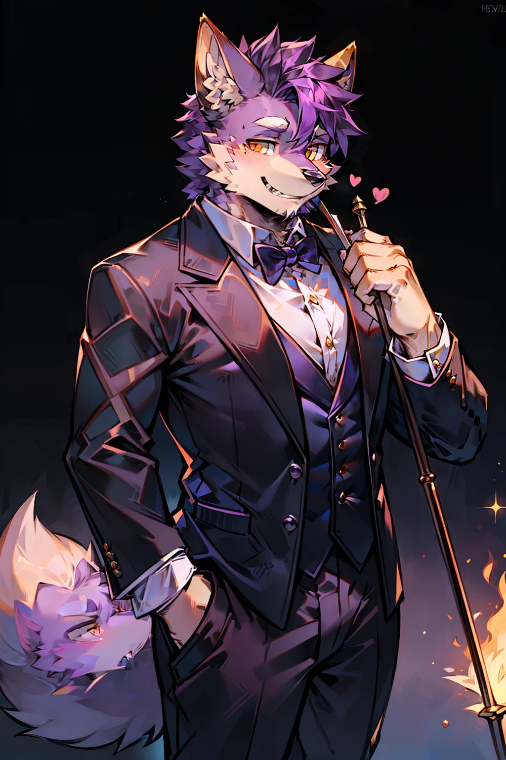 the only person，hairy male，hairy chest，fox，canine，purple fur，dark purple highlighter，The ends of the hair are black，golden eyes，charming，Handsome，Feel，Handsome，Formal wear，Have a straight cane，Gentlemanly demeanor