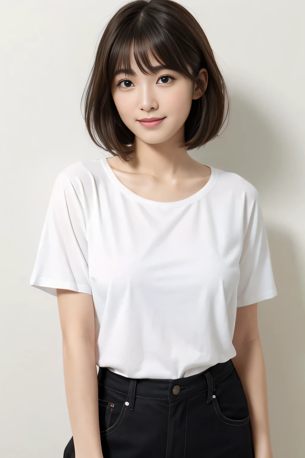 masterpiece、一人のBeautiful woman、detailed face、cute、fine eyes、fine skin、highest quality、Japanese、常に真frontageを向く、background white,、I am 28 years old、I'Iは黒無地の半袖Tシャツを着ています、shy smile、shortcut、brown fluffy hair、soft light, Beautiful woman、bright look、(Are standing)、frontage、small breasts、(Keep your upper body facing straight ahead.......),Wearing a long plaid skirt , full body shot,So that the whole body is reflected, background white, bob hair.,keep your chest straight ahead、black t-shirt、I'Iは黒無地の半袖Tシャツを着ています、The background is a white wall,