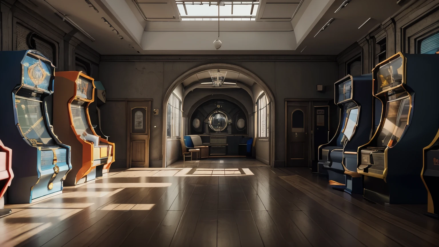 il y a beaucoup de machines d'arcade dans cette salle avec beaucoup de monde, design d'interior of park'attractions, 3 d rendu de jeu vidéo, Rendu 3D, arcade, rendu 3D, Une arcade animée, rendus 3D, Rendu 3D du jeu vidéo, digital rendering, rendu 3d pc, rendu de jeu vidéo, rendu final, 3d rendu final, rendu final 3D, rendu final 3D, modern, interior architecture, Futurism, cinematic lighting, ray tracing, god rays, reflection light, bloom, 1080P, high quality, best quality