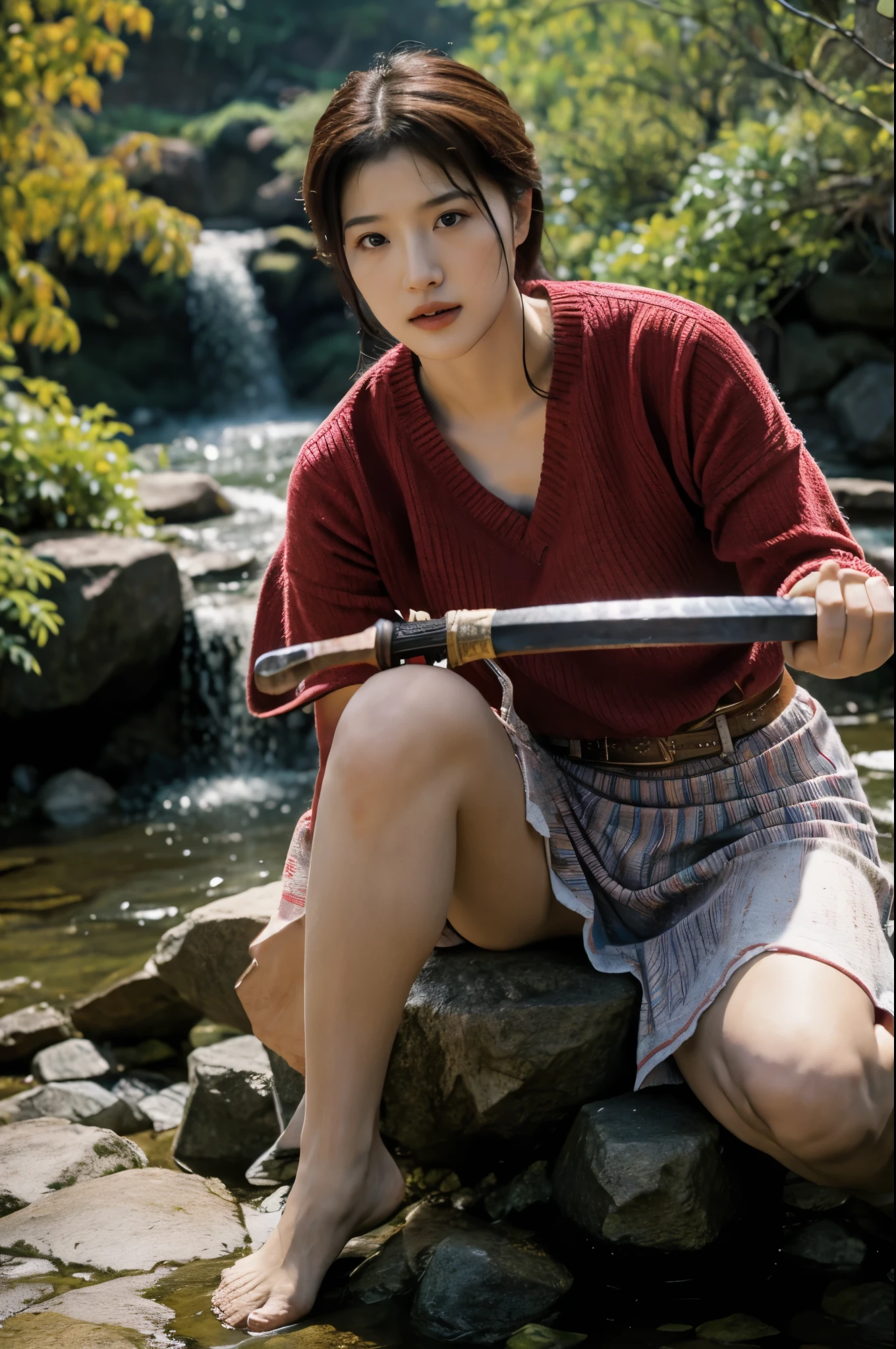 Masterpiece-level realistic photo of a beautiful rusia woman warrior, white in action, wielding a sword in an aggressive posture, Both legs are articulated, creating a dynamic and complexb visual effect.  The warrior's face is clear, showing determination and focus.  The clothes are shabby and worn, adding to the authenticity of the atmosphere.  The backdrop of the waterfall allows the warrior to be the center of attention.  Excellent realism: 1.4, ultra-high resolution: 1080p, perfect lighting: 1.2, detailed facial features, ultra-realistic details