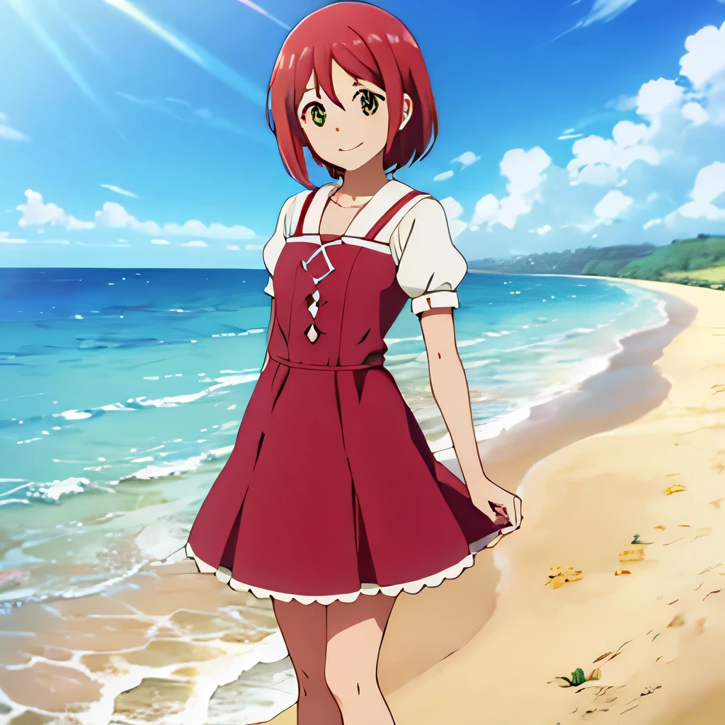 obra de arte, melhor qualidade, contorno, 1 garota, Sozinho, profundidade de campo, linha clara, Realista, shirayuki-hime, sorrindo, em uma praia, com roupa de marinheira, idol pose