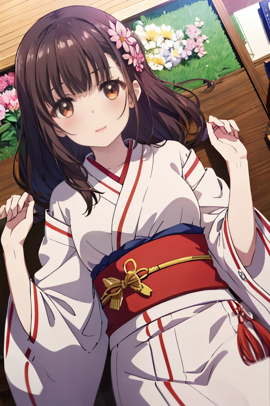 highest quality, (table top:1.2), very detailed, 
1 girl, alone, irido yume, Upper body,
looking at the viewer, closed mouth, blush your nose, medium breasts, From above,
brown eyes, dark brown hair, long hair, Barrette, Bunching back hair，flower hair ornament，red kimono，red furisode，Andal，～sacrifice to，Have fun，fun，laughter