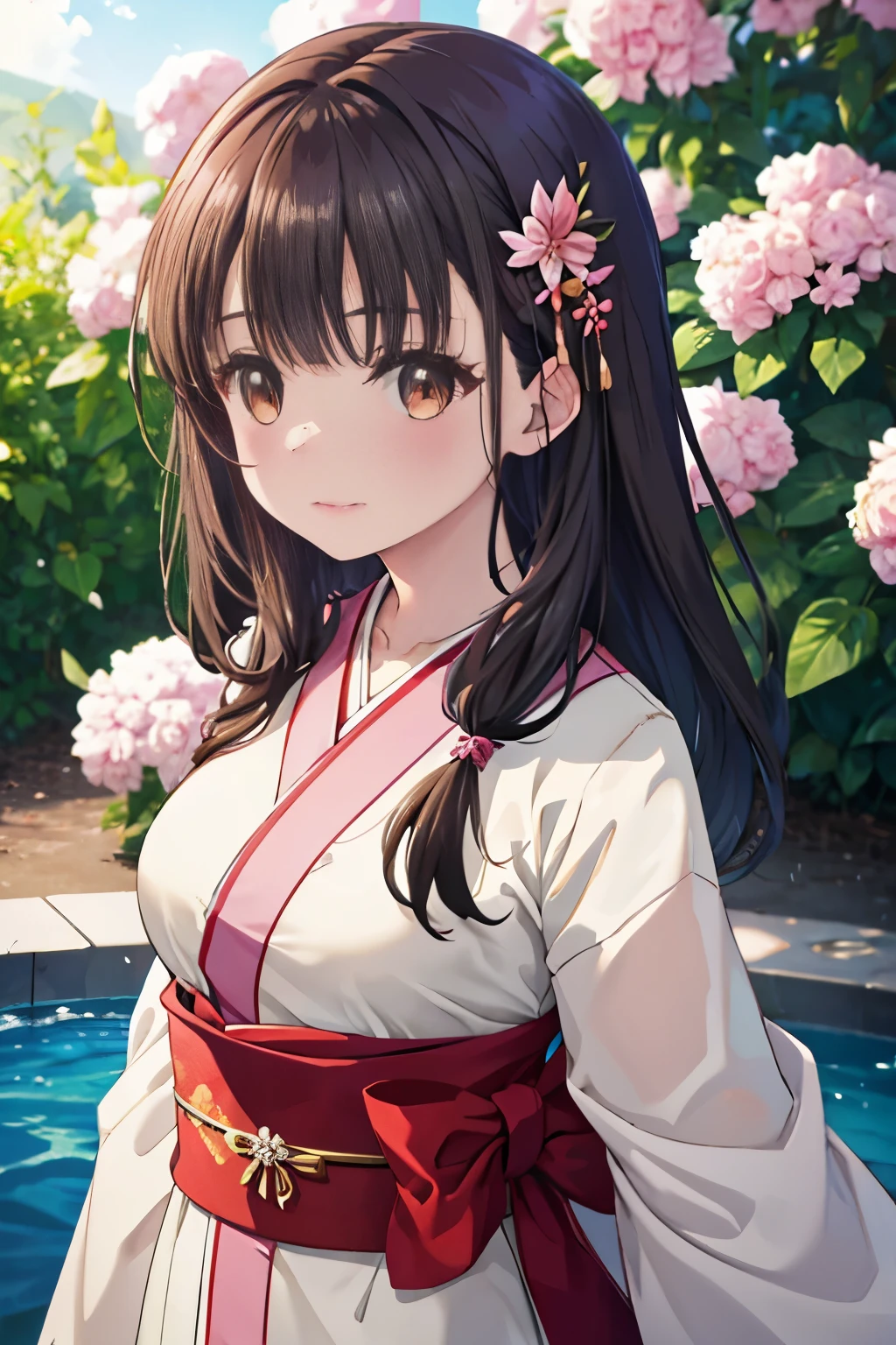 highest quality, (table top:1.2), very detailed, 
1 girl, alone, irido yume, Upper body,
looking at the viewer, closed mouth, blush your nose, medium breasts, From above,
brown eyes, dark brown hair, long hair, Barrette, Bunching back hair，flower hair ornament，red kimono，red furisode，Andal，～sacrifice to，Have fun，fun，laughter