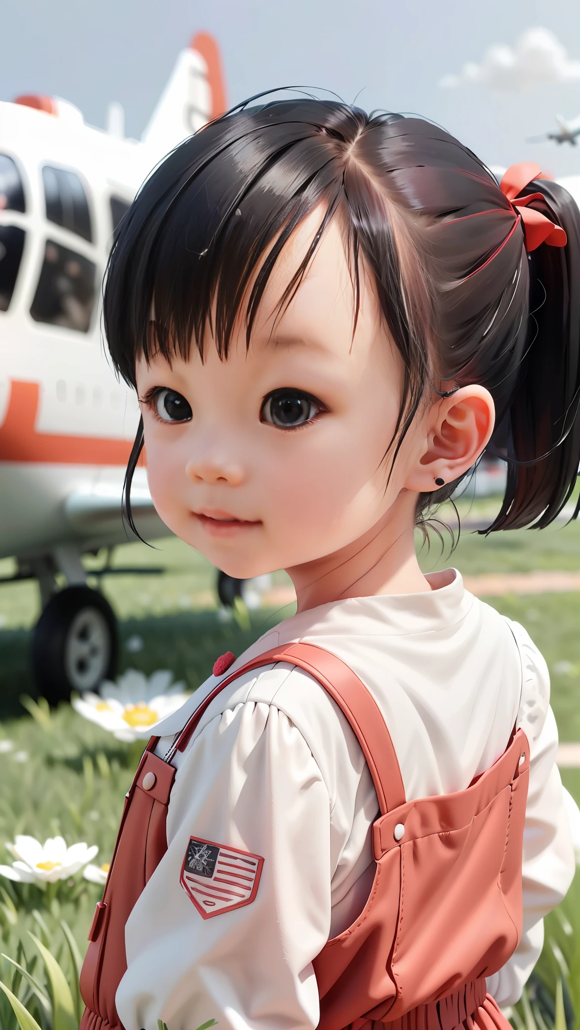 little cute ，double ponytail，Wear red and white clothes.，black hair，very happy, In the background of the grass there is an airplane.