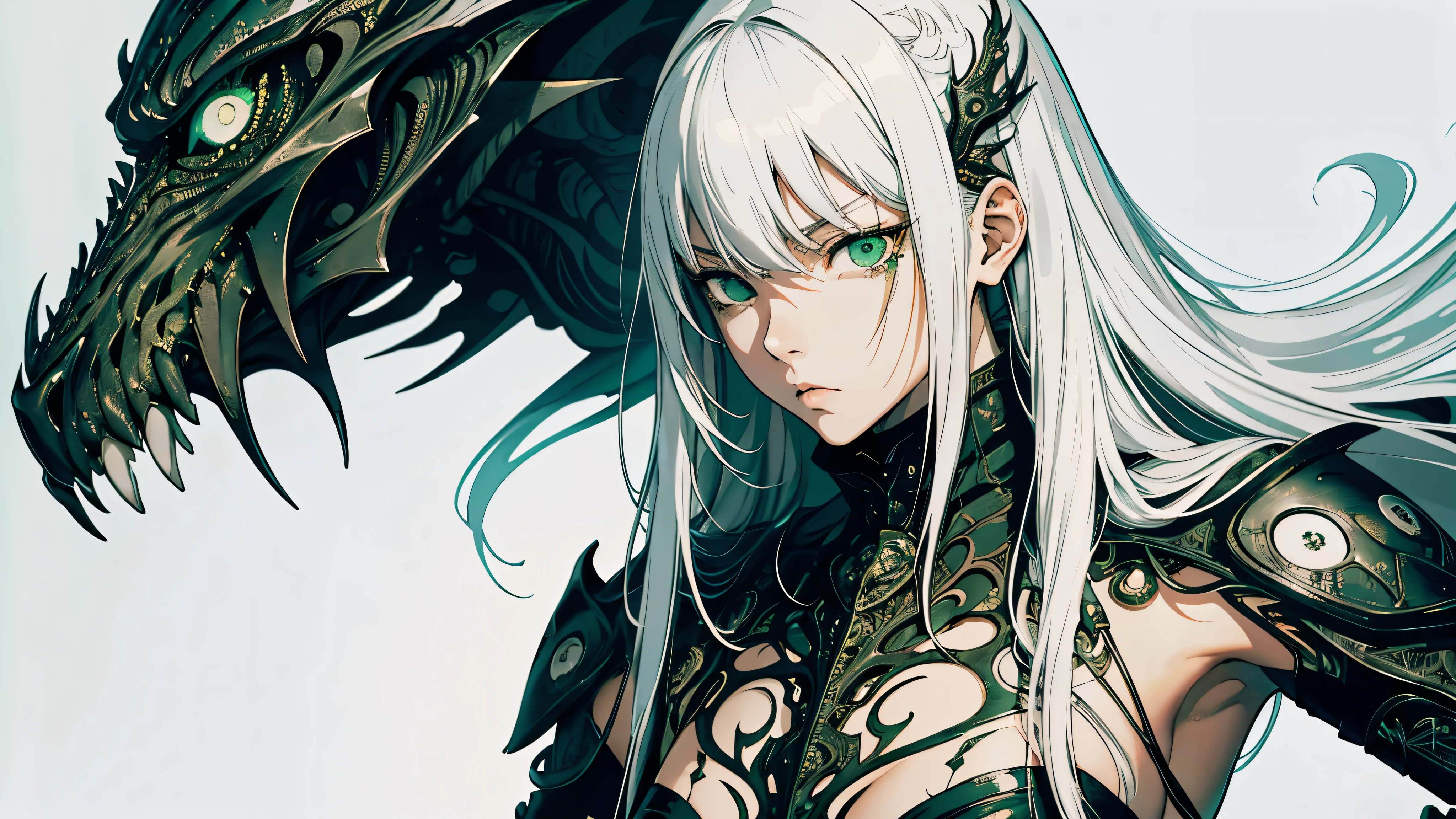 style of Tsutomu Nihei,(incredibly absurdres, (high resolution:1.18), intricate detail, (masterpiece:1.1), (highest quality:1.1), absurdres),(1girl, portrait, white hair, green eyes, long hair, detailed eyes),