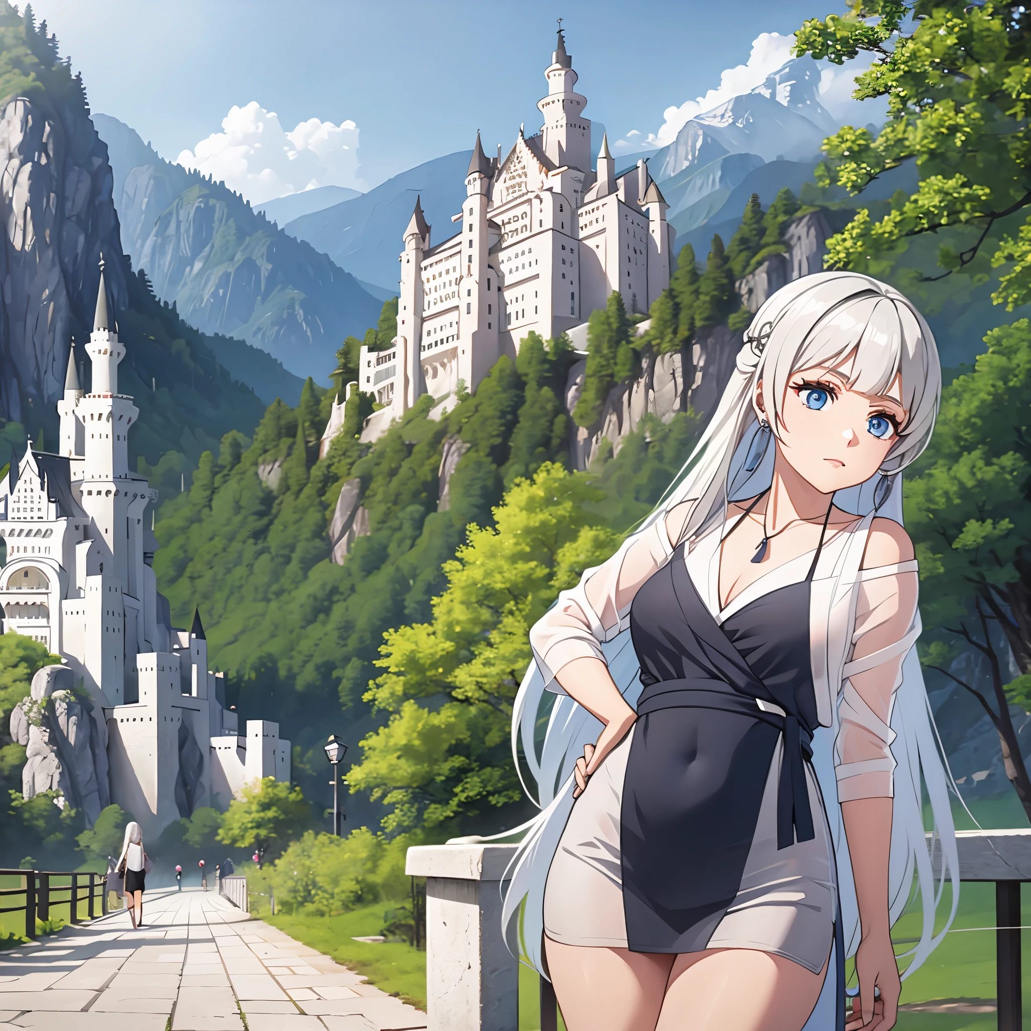 A woman wearing casual clothes white, silver hair and blue eyes, outside Neuschwanstein castle.
