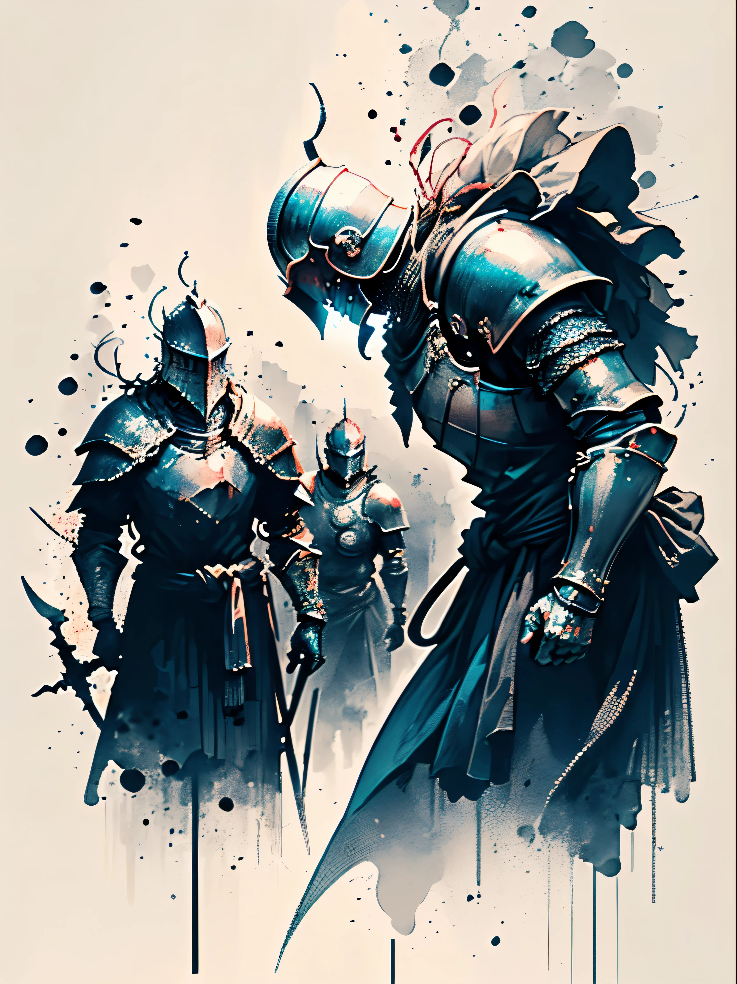 (UHD, masterpiece, accurate, anatomically correct, super detailed, high quality, best quality, highres, 1080P, HD, 4K, 8k, 16k), vivid colors, (portrait, (simple background), ((1 character)), ((male knight), (low camera angle), (the knight uses a flowing ragged cloth around his waist), ((dark souls inspired)), ((black armor)), (hidden face), (helmet), ((unarmed)), made by Aase Berg, high contrast color details, black and white, anime style, Japanese theme, hyperdetailed, ultra quality, intricate, chiaroscuro lighting, white background with one color ink splotches.