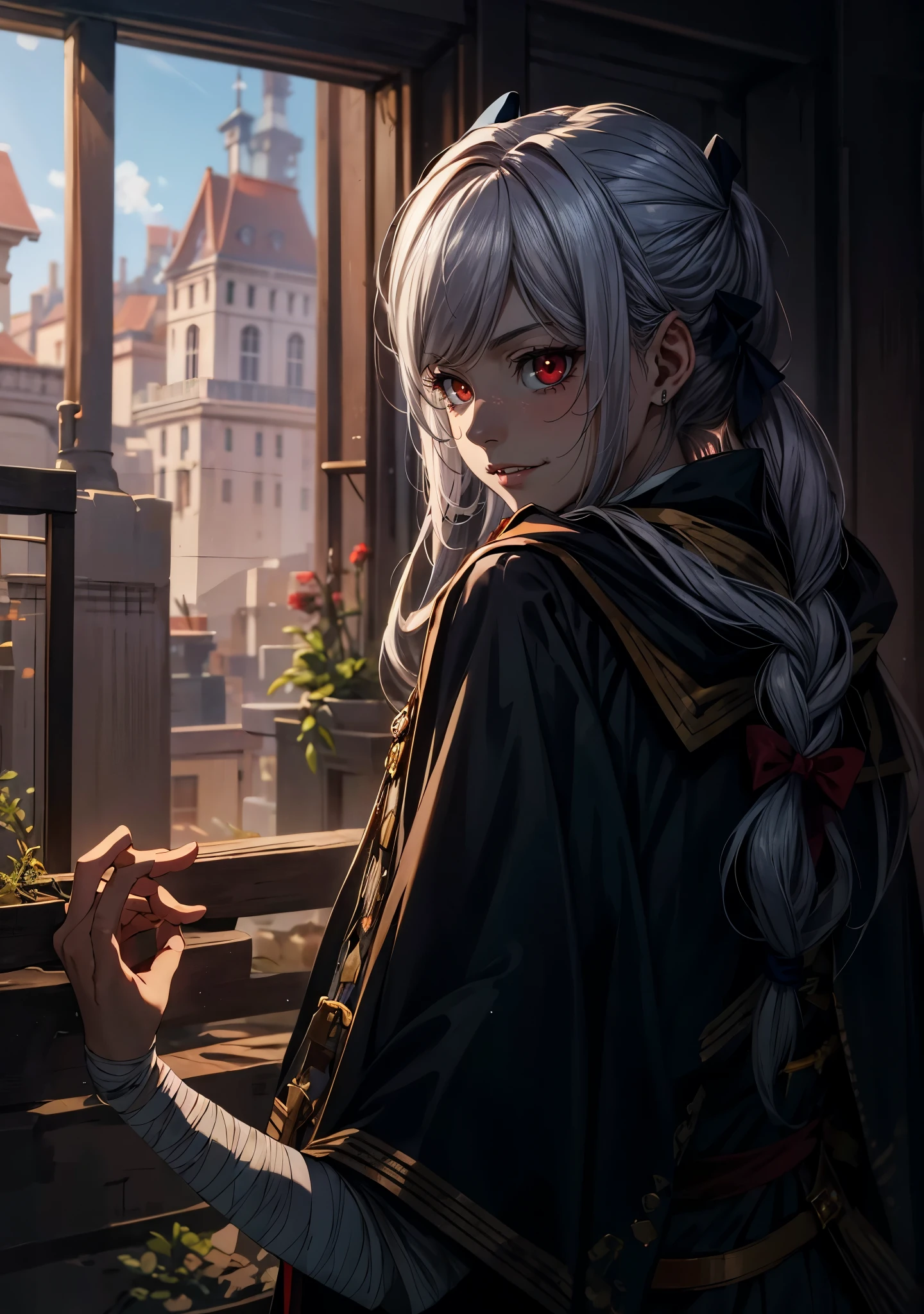 silver hair, twintail, bow, red eyes, breasts, epic art, fantasy, 1girl, long_hair, solo, bandages, bandaged_arm, braid, covered_eyes, closed_mouth, cloak, upper_body, lips, cape