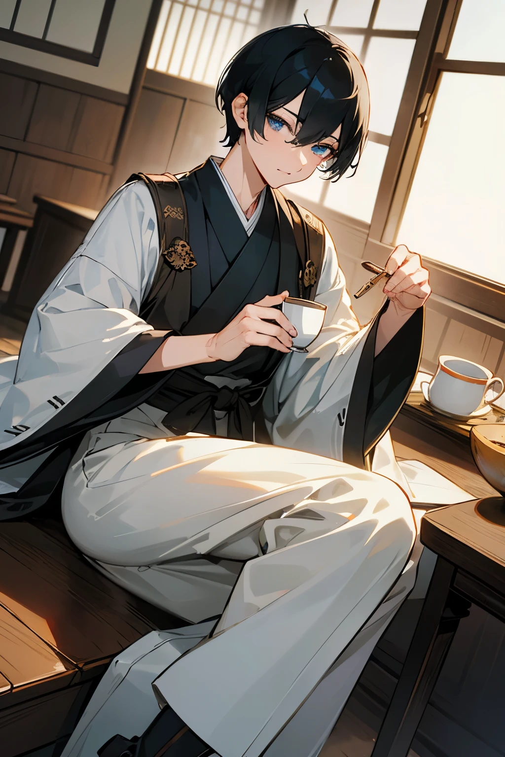 male black hair blue eyes very short hair one person White Cutter slacks black long boots cool sit and drink tea bar arranged feast Japanese-style house table masterpiece Highest image quality noise removal clear parts cinematic shadow Increases the attractiveness of the eyes clear parts the shine of the eyes draw eyelashes neatly perfect eyes detailed eyes sharpen image quality sharpen eye writing clear parts eye shape