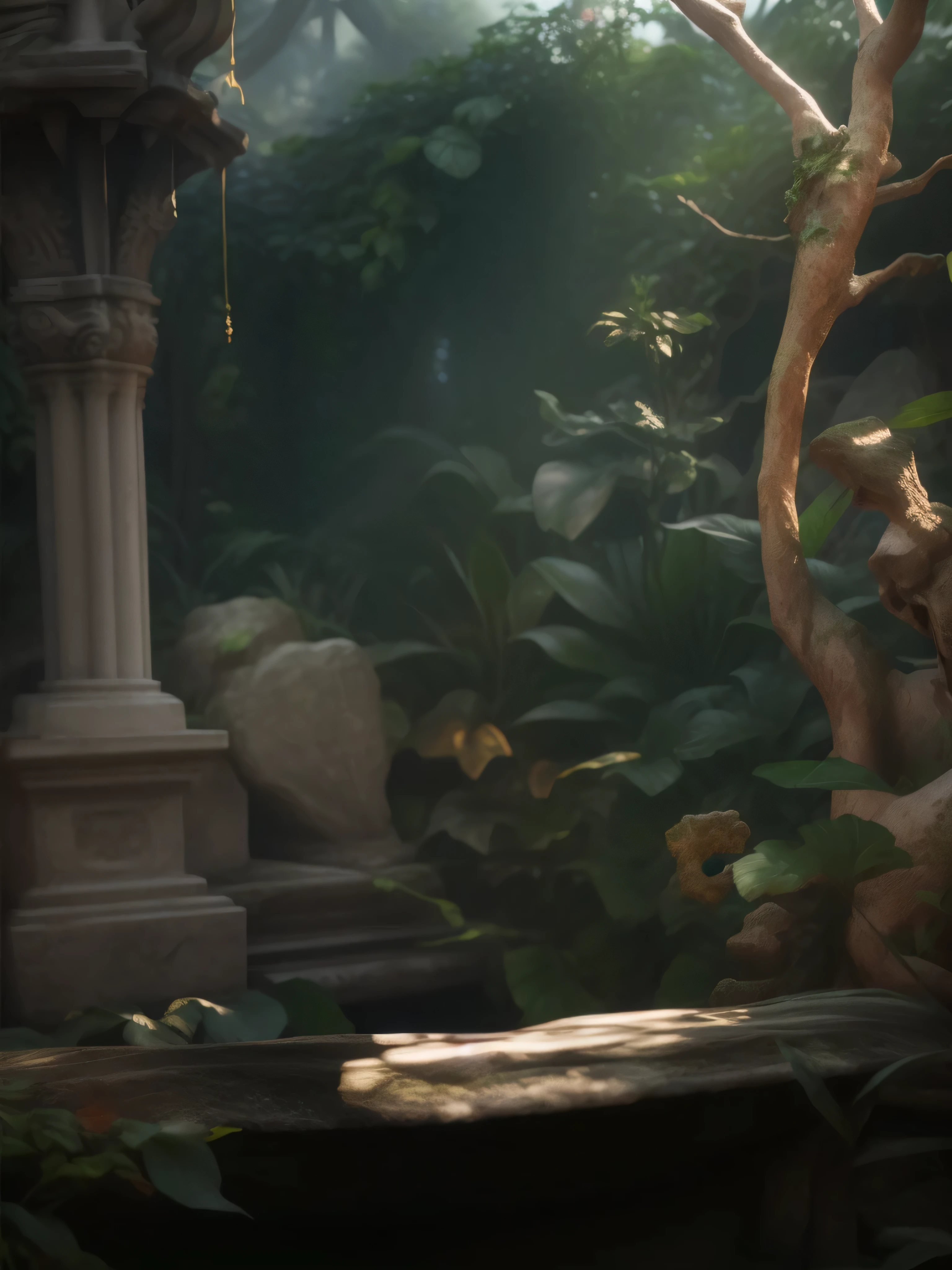 There is a statue of a man sitting on a bench in the garden, Art Nouveau Jungle Environment, Overgrown jungle environment, Highly detailed and ultra-realistic visuals, Detailed rendering, Highly detailed visual effects scenes, PS5 movie screenshots, Unreal Engine 5 environment, 3D rendering and matte painting, Unreal Engine 5 rendering drama, Ultra-detailed 3D matte