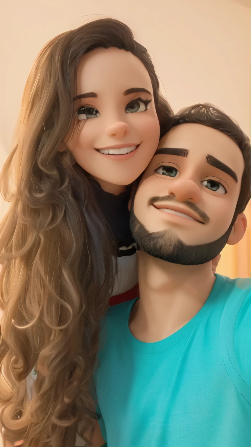 Um casal um homem de barba, cabelo preto e uma mulher cabelo ondulado castanho claro selfie
