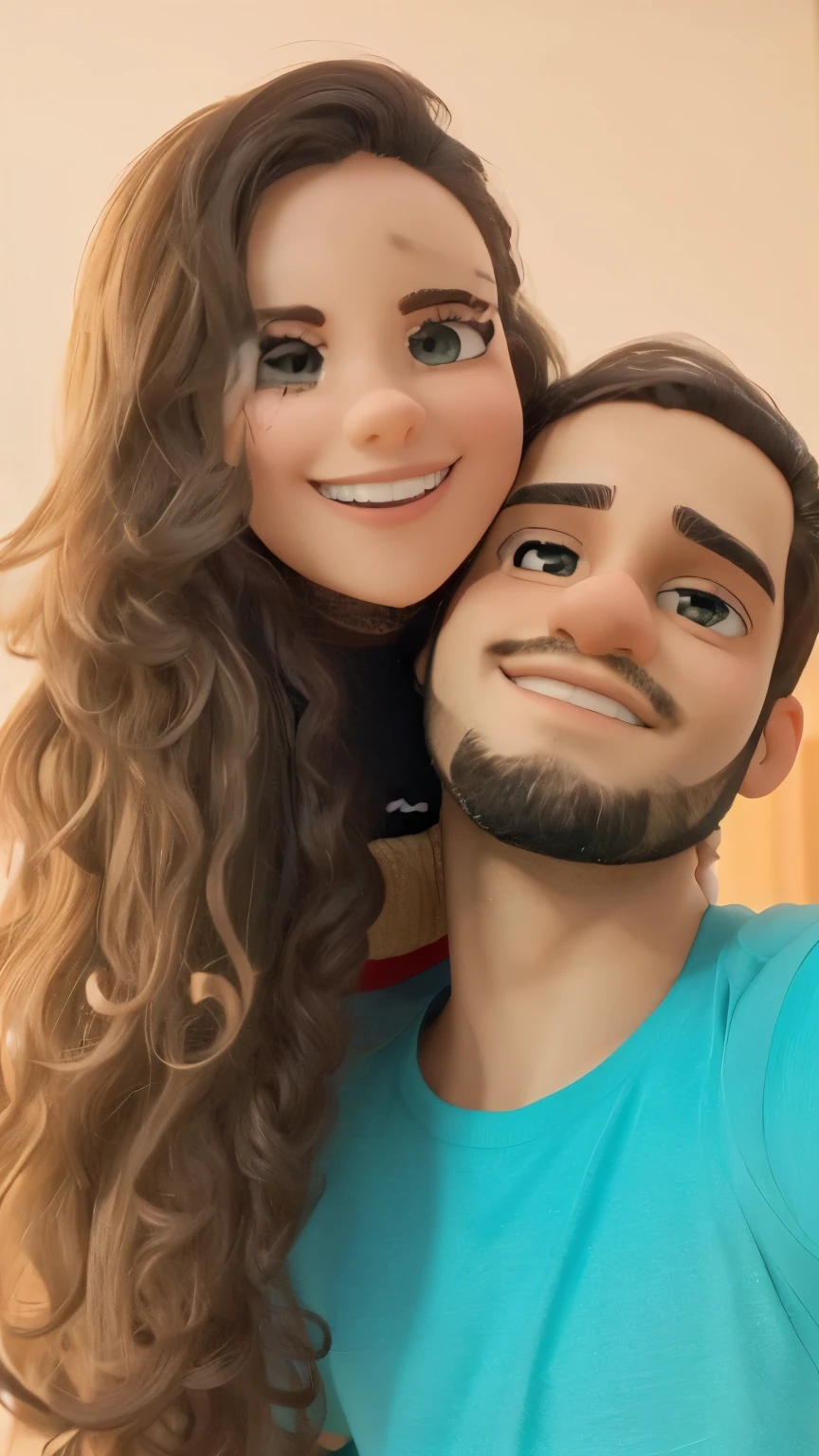 Um casal um homem de barba, cabelo preto e uma mulher cabelo ondulado castanho claro selfie