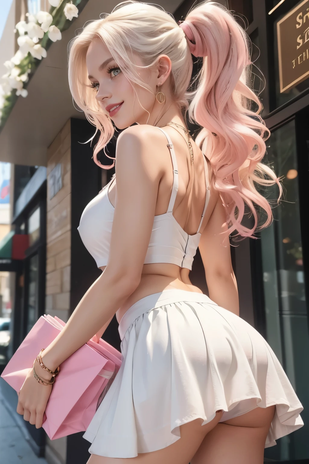 Caucasian woman, Blonde hair, wavy hair, long hair, hair in ponytail, red lipstick, olive green eyes, lined eyes, glitter eyes, smile, athletic body, small breasts, nipples, (((white spring dress)) ), short dress, ((lifted skirt shows pink underwear)), goals, focus on legs, earrings, bracelets, watch, necklace, shopping center, Side view, ((shot from below)).