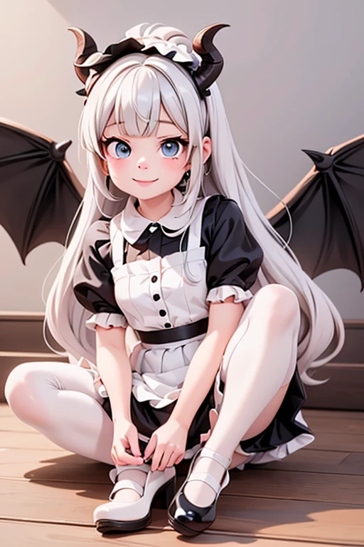masterpiece, best quality, a cute girl smiling, long hair, (white skin:1.6), red smokey eyes makeup, crop shirt, short puffy sleeves, mini skirt, earrings, big_black_bat_wings, goat _horn_on_head, choke, (white pantyhose), ((Lolita shoes)), ((patent leather PUMPS)), laying, from below, footwear focus, (((clothes tug))), ultrarealistic, cute digital painting, cute digital art, realistic cute girl painting, cute detailed digital art, cute cartoon characters, beautiful character painting, cute characters, cute anime girl, cute cartoon, kawaii realistic portrait, digital cartoon painting art, cartoon cute, cute portrait, render a cute 3D anime girl, kawaii realistic portrait, anime moe art style, drawn in an anime artist studio, sitting on the ground, high - end fashion photoshoot, 