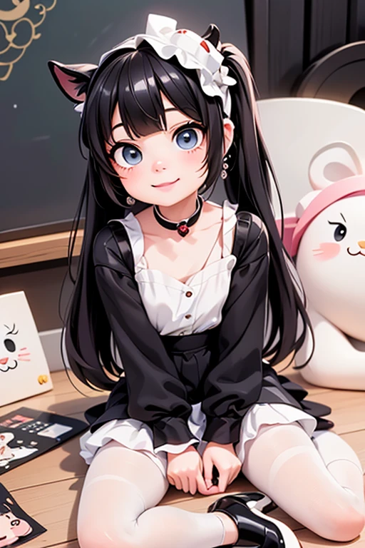 masterpiece, best quality, a cute girl smiling, long hair, (white skin:1.6), red smokey eyes makeup, crop shirt, short puffy sleeves, mini skirt, earrings, big_black_bat_wings, goat _horn_on_head, choke, (white pantyhose), ((Lolita shoes)), ((patent leather PUMPS)), laying, from below, footwear focus, (((clothes tug))), ultrarealistic, cute digital painting, cute digital art, realistic cute girl painting, cute detailed digital art, cute cartoon characters, beautiful character painting, cute characters, cute anime girl, cute cartoon, kawaii realistic portrait, digital cartoon painting art, cartoon cute, cute portrait, render a cute 3D anime girl, kawaii realistic portrait, anime moe art style, drawn in an anime artist studio, sitting on the ground, high - end fashion photoshoot,