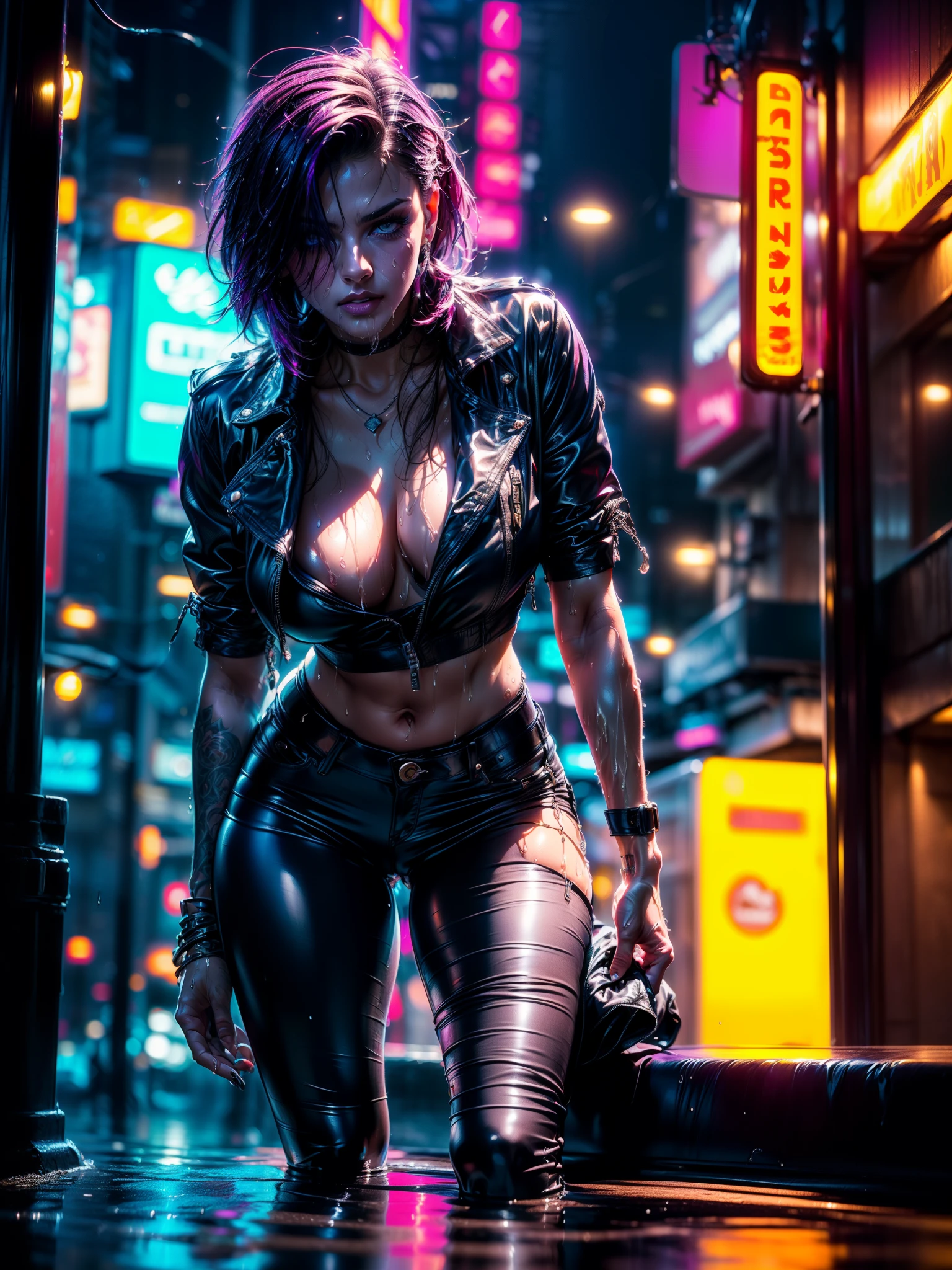 (Masterpiece, Best quality, high resolution, 32k unit wallpaper, extremely detailed CG:1), (highly detailed and perfect illustration:1.0), ((1 young beautiful woman by cyberpunk, dynamic and sexy pose, resting on a wall with one leg perched on the wall: 1.5, head leaning forward lighting a cigarette: 1.4, illuminated by the cigarette light on her face)),((cyberpunk clothing, top leather pants with ornaments and bright colorscity at night cyberpunk)), neon signs, futuristic cars, dark place, intense rain, ((wet clothes, magenta neon lights illuminating the young man perfectly:1.45).