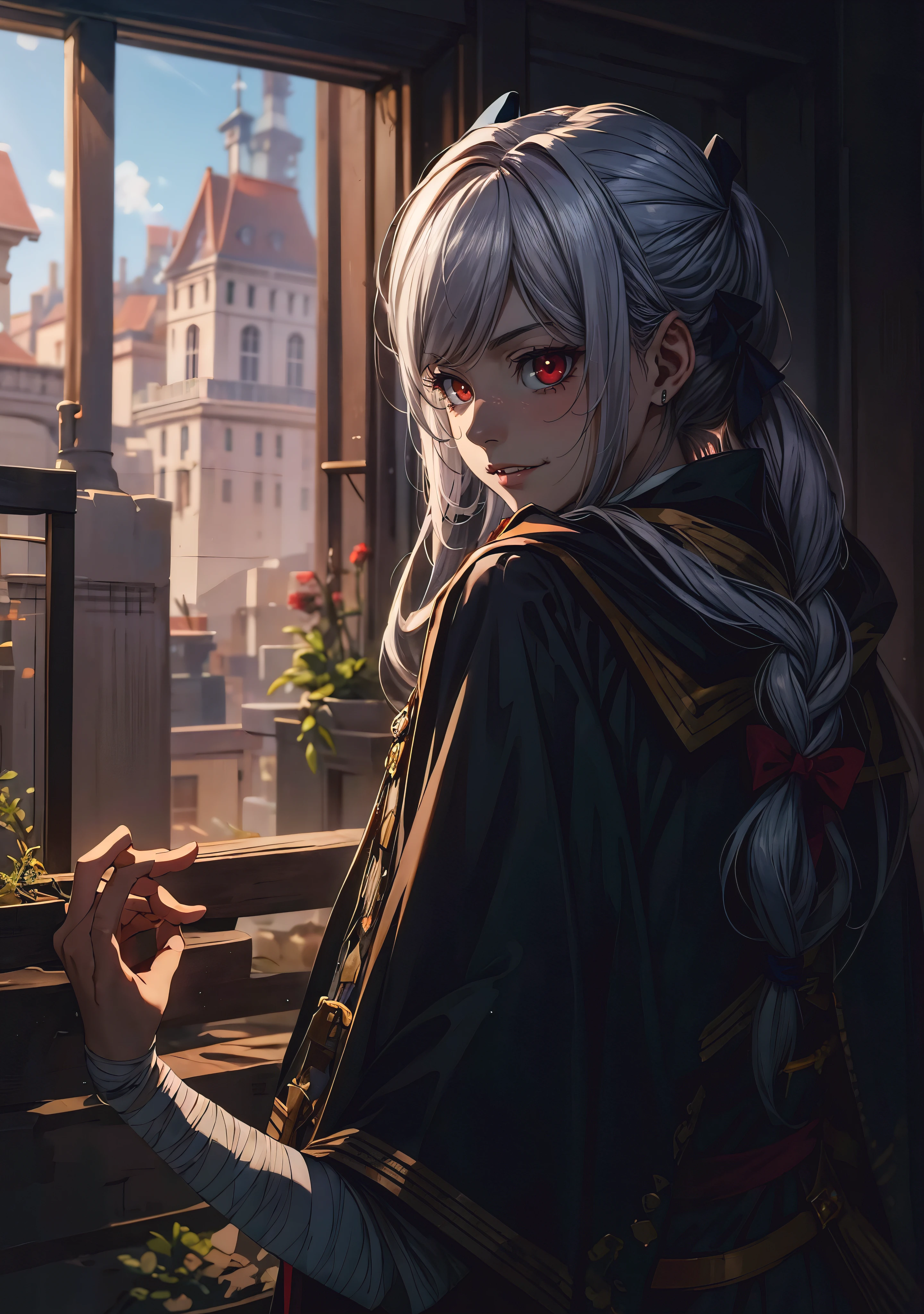 silver hair, twintail, bow, red eyes, breasts, epic art, fantasy, 1girl, long_hair, solo, bandages, bandaged_arm, braid, covered_eyes, closed_mouth, cloak, upper_body, lips, cape