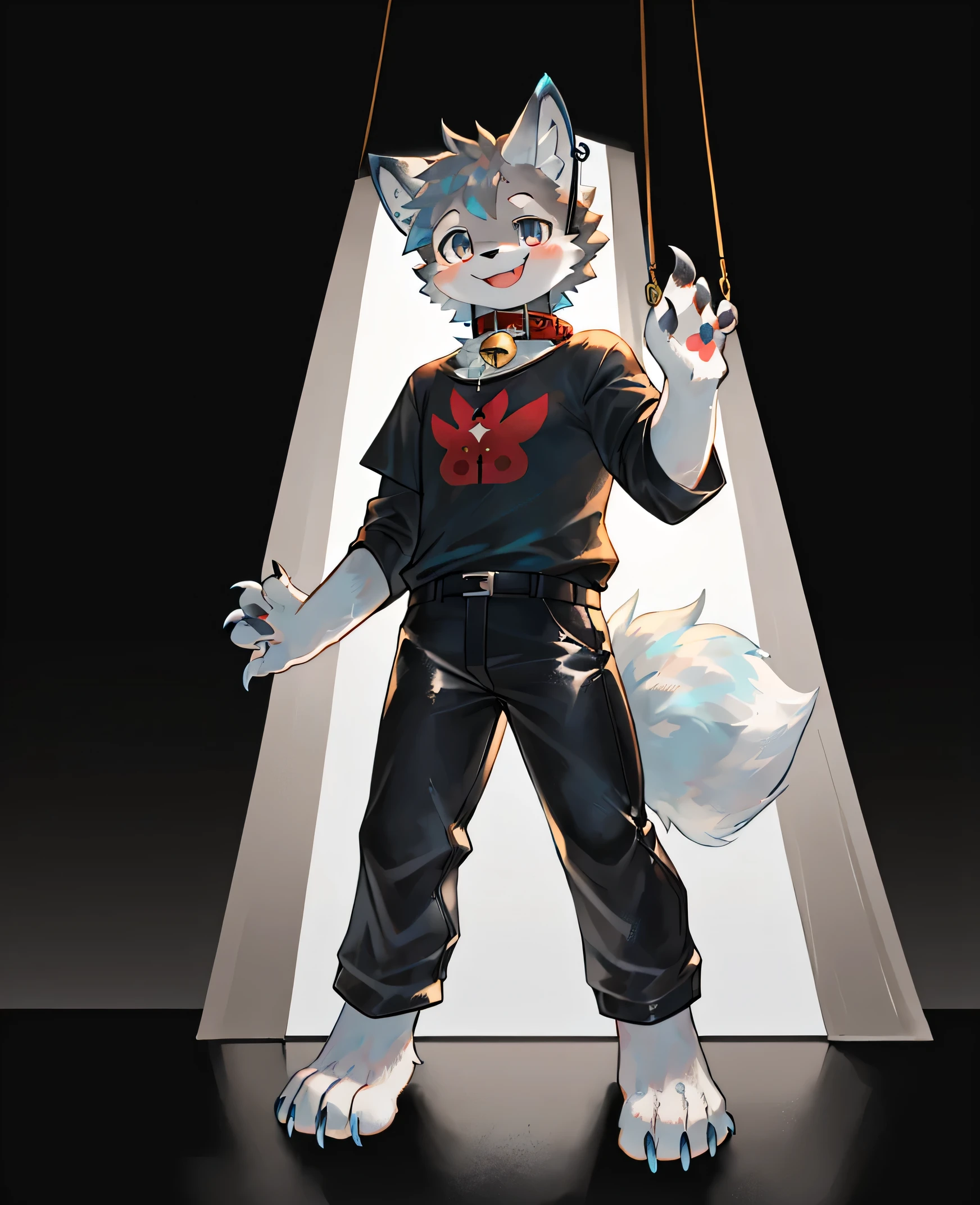 Neatly dressed,Latex set,Fursuit!!!,furry characters,Highly Detailed full body,full body details,Detailed full body,Firmware version,full-body shot,short full body portrait!,fluffy fluffy,SFW,full body mascot,hairy body,full pose,Latex clothing,restraint collar,single player,Wolf Animal Humanoid,out of stock,male image,full body standing painting,cute face,Short hair details,dark gray fur,wolf ears,Dark gray ear roots,Light blue earbuds,furry wolf tail,dark gray tail base,Tail tip white,Dark gray arms,white paws,Hands naturally droop,All limbs are wolf claws,4 white fingers,4 toes turn white,look to the left,happy expression,Crimson short-sleeved T-shirt,black pants,red hand towel,A golden bell hanging around the neck,standing posture。