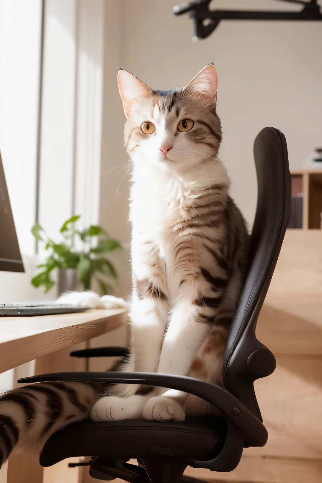 A charming feline sitting at an ergonomic desk, clad in casual attire, types diligently on a modern computer, its tiny paws pressing the keyboard with focus. A steaming cup of coffee rests nearby, adding to the cozy atmosphere of the office setup. The sunlight filters in through the large window, casting a warm, natural light on the high-quality scene. Every detail, from the cat's fluffy fur to the intricate textures of the computer components, is ultra-detailed and rendered in pristine, high-definition quality.