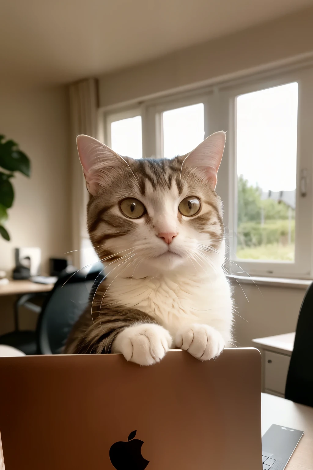 A charming feline sitting at an ergonomic desk, clad in casual attire, types diligently on a modern computer, its tiny paws pressing the keyboard with focus. A steaming cup of coffee rests nearby, adding to the cozy atmosphere of the office setup. The sunlight filters in through the large window, casting a warm, natural light on the high-quality scene. Every detail, from the cat's fluffy fur to the intricate textures of the computer components, is ultra-detailed and rendered in pristine, high-definition quality.