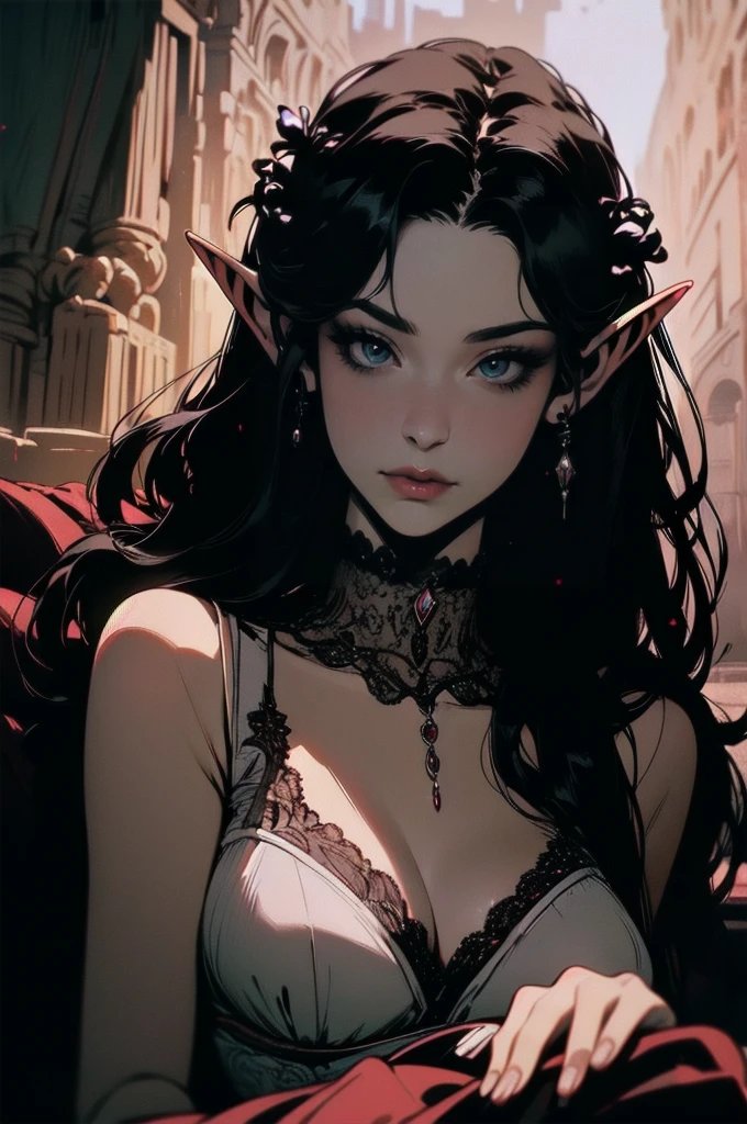 { - anatomy error}(Masterpiece - Ultra-detailed, very high resolution) moonlight, hyper-realistic of a mysterious woman with flowing black hair, ears of elf, piercing opal eyes, and a delicate lace crown, delicate smile, whole body, sitting on the ground