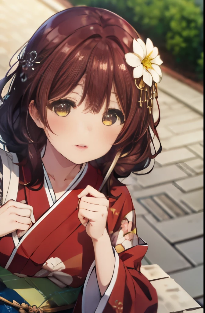 highest quality, (table top:1.2), very detailed,
1 girl, alone, irido yume, Upper body,
looking at the viewer, closed mouth, blush your nose, medium breasts, From above,
brown eyes, dark brown hair, long hair, Valletta, Bunching back hair,flower hair ornament,red kimono,red furisode,reliable,~~sacrifice to,Have fun,fun,laughter