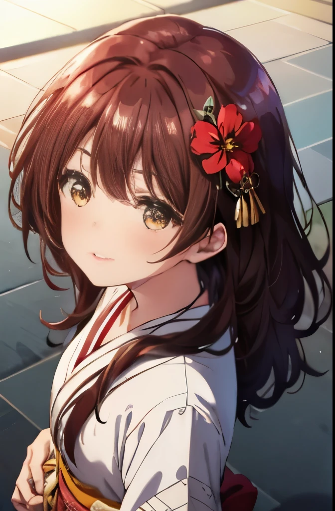 highest quality, (table top:1.2), very detailed, 
1 girl, alone, irido yume, Upper body,
looking at the viewer, closed mouth, blush your nose, medium breasts, From above,
brown eyes, dark brown hair, long hair, Valletta, Bunching back hair，flower hair ornament，red kimono，red furisode，reliable，～～sacrifice to，Have fun，fun，laughter