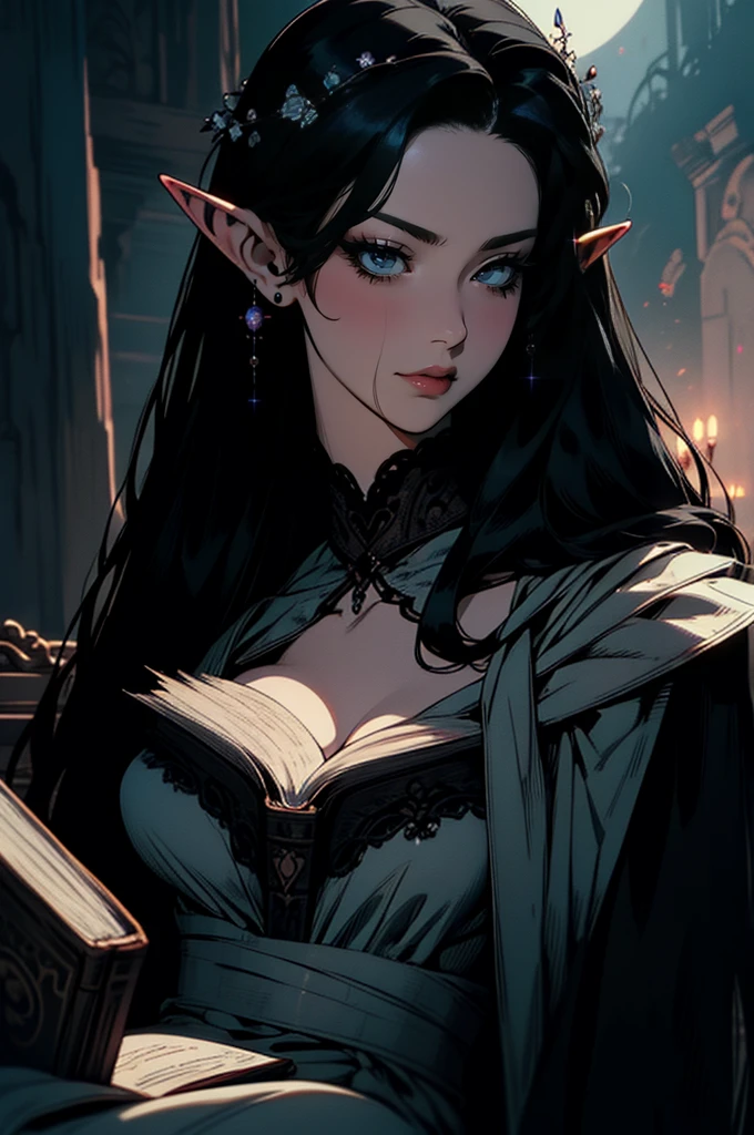 { - anatomy error}(Masterpiece - Ultra-detailed, very high resolution) moonlight, hyper-realistic of a mysterious woman with flowing black hair, ears of elf, piercing opal eyes, and a delicate lace crown, delicate smile, whole body, reading a book
