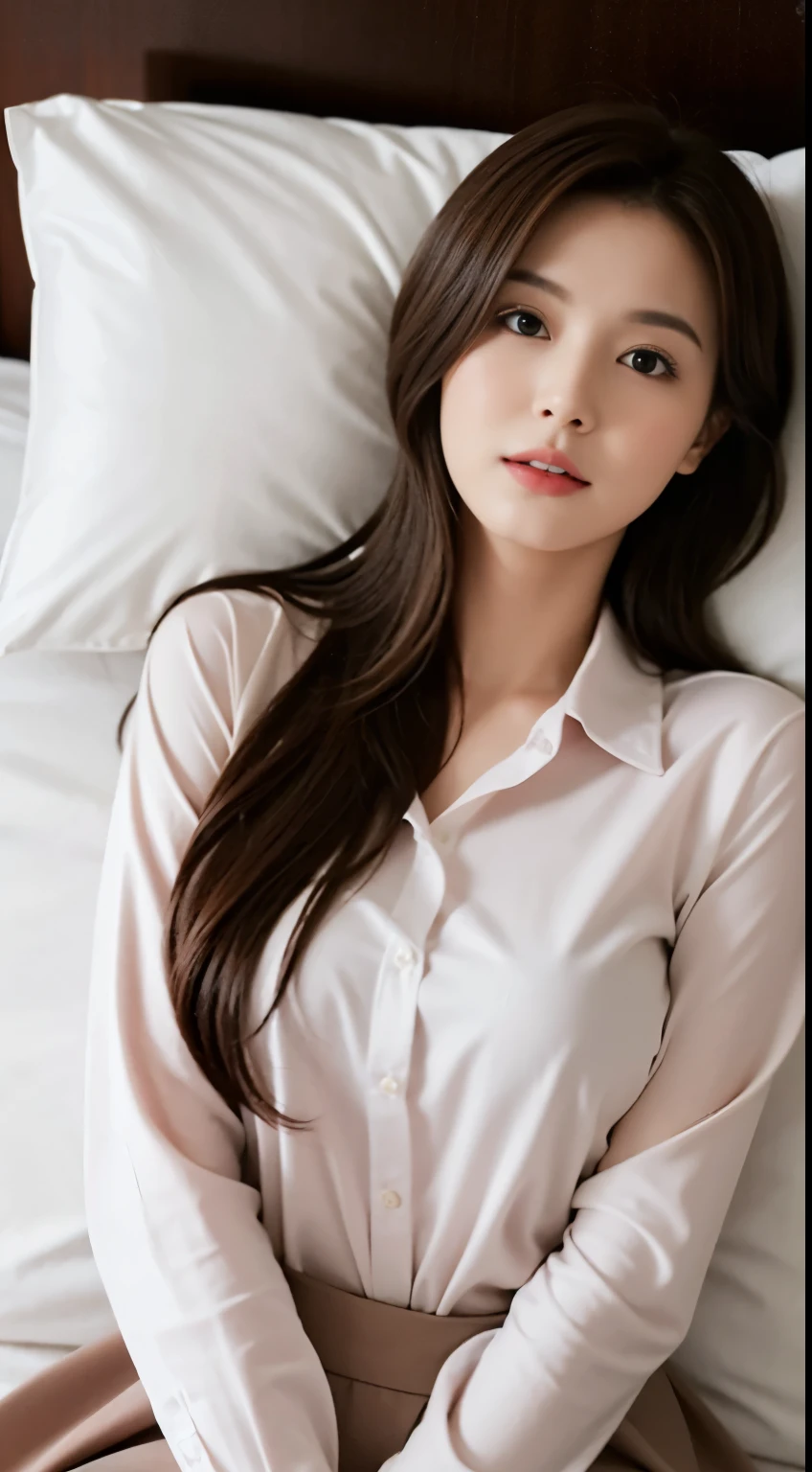 (Maria Ozawa), Cinematic Light, (masutepiece, of the highest quality, Best Quality, Beautiful and aesthetic:1.3), ighly detailed,highest details,(Ultra-detailed),,
From above,(( lying on bed)),
Solo, Silky long hair, (Brown hair), Roses were scattered all over the beds,
((Suit)), ((Shirt)), opened breast,