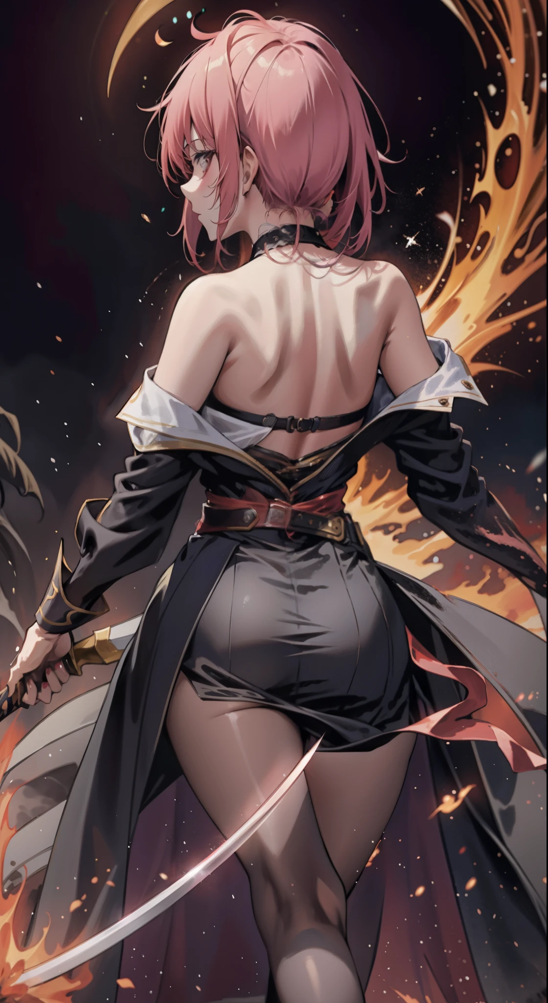 garota anime com cabelo rosa segurando uma espada , badass anime 8 k, melhor papel de parede de anime 4k konachan, she is holding a sword katana,com espada grande, desembainhando sua katana, Demon Slayer art style, she is holding a sword, de costas, standing on his back, costas nuas, pose empoderada, back view