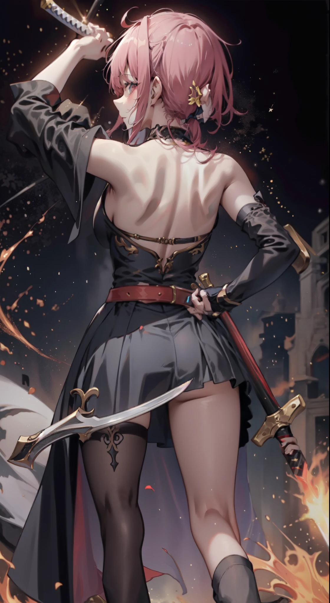 garota anime com cabelo rosa segurando uma espada , badass anime 8 k, melhor papel de parede de anime 4k konachan, she is holding a sword katana,com espada grande, desembainhando sua katana, Demon Slayer art style, she is holding a sword, de costas, standing on his back, costas nuas, pose empoderada, back view