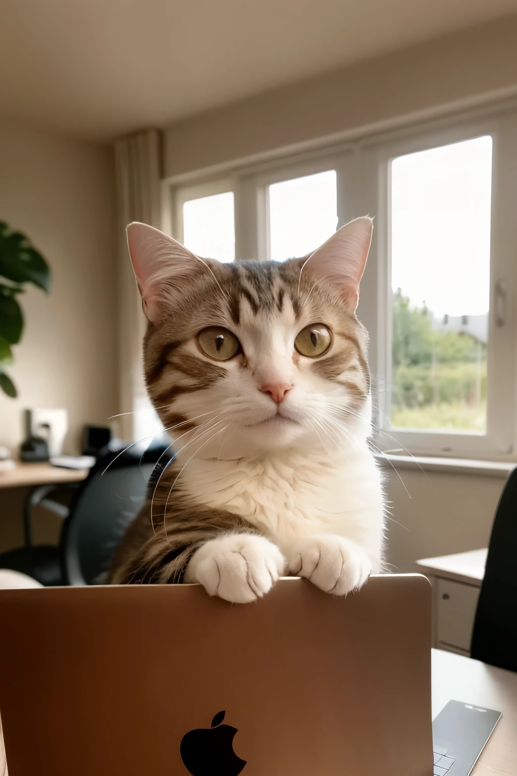 A charming feline sitting at an ergonomic desk, clad in casual attire, types diligently on a modern computer, its tiny paws pressing the keyboard with focus. A steaming cup of coffee rests nearby, adding to the cozy atmosphere of the office setup. The sunlight filters in through the large window, casting a warm, natural light on the high-quality scene. Every detail, from the cat's fluffy fur to the intricate textures of the computer components, is ultra-detailed and rendered in pristine, high-definition quality.