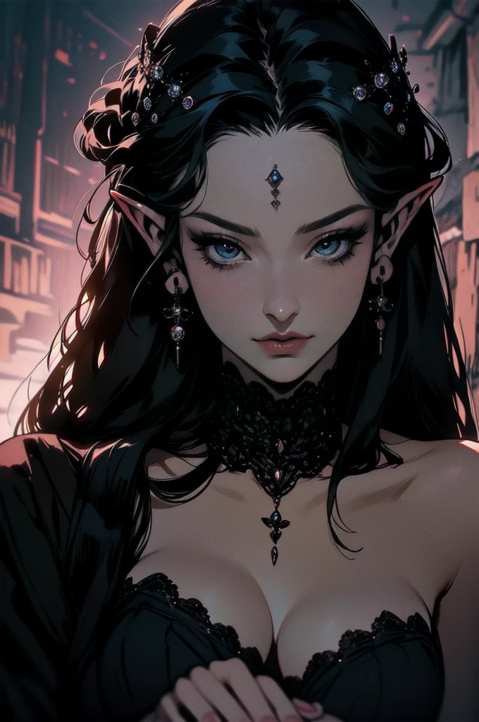 { - anatomy error}(Masterpiece - Ultra-detailed, very high resolution) moonlight, hyper-realistic of a mysterious woman with flowing black hair, ears of elf, piercing opal eyes, and a delicate lace crown, delicate smile, whole body, sitting on the ground
