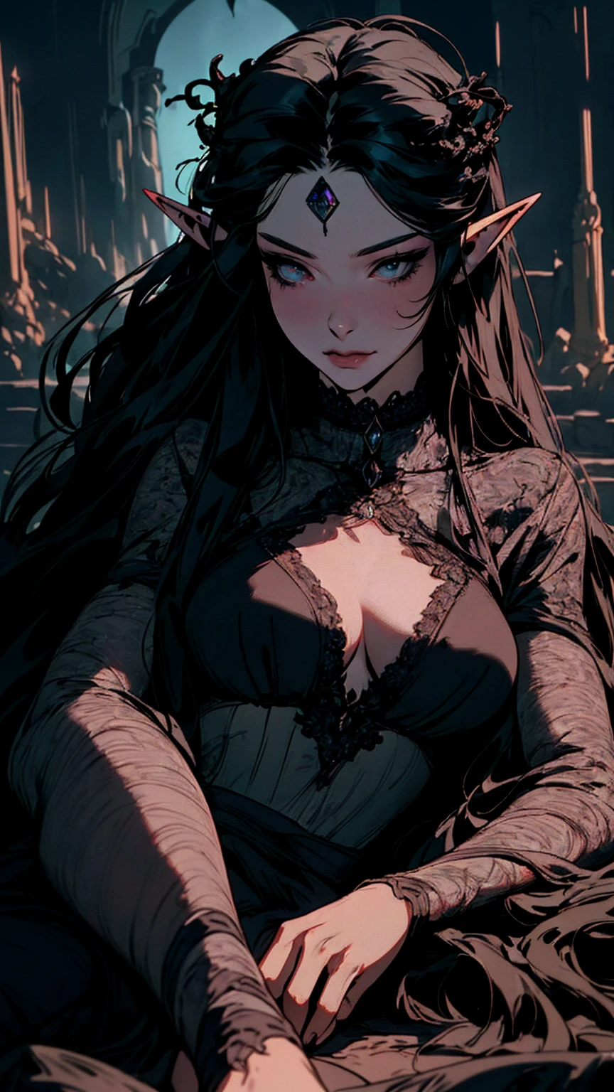 { - anatomy error}(Masterpiece - Ultra-detailed, very high resolution)hyper-realistic of a mysterious woman with flowing black hair, ears of elf, piercing opal eyes, and a delicate lace crown, delicate smile, upper body