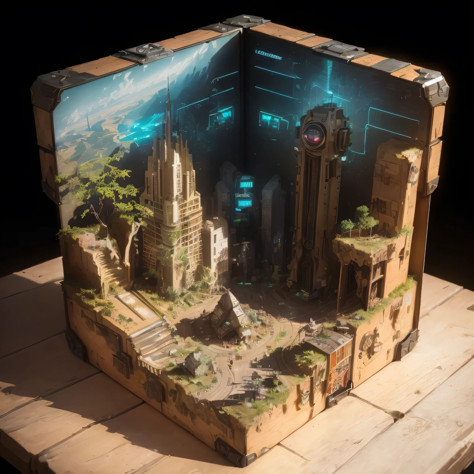 3598年Mars realistic model, (split ends, original photo, best quality, masterpiece:1.4),Steampunk Cyberpunk 6820 City,(CyberpunkMars light:1.3), Mars (related to land),(in a small nature box:1.3),Isometric, small nature, landscape on foundation,landscape,