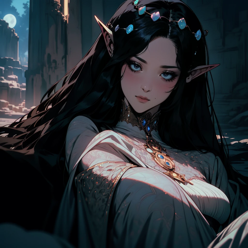 { - anatomy error}(Masterpiece - Ultra-detailed, very high resolution) moonlight, hyper-realistic of a mysterious woman with flowing black hair, ears of elf, piercing opal eyes, and a delicate lace crown, delicate smile, whole body, sitting on the ground