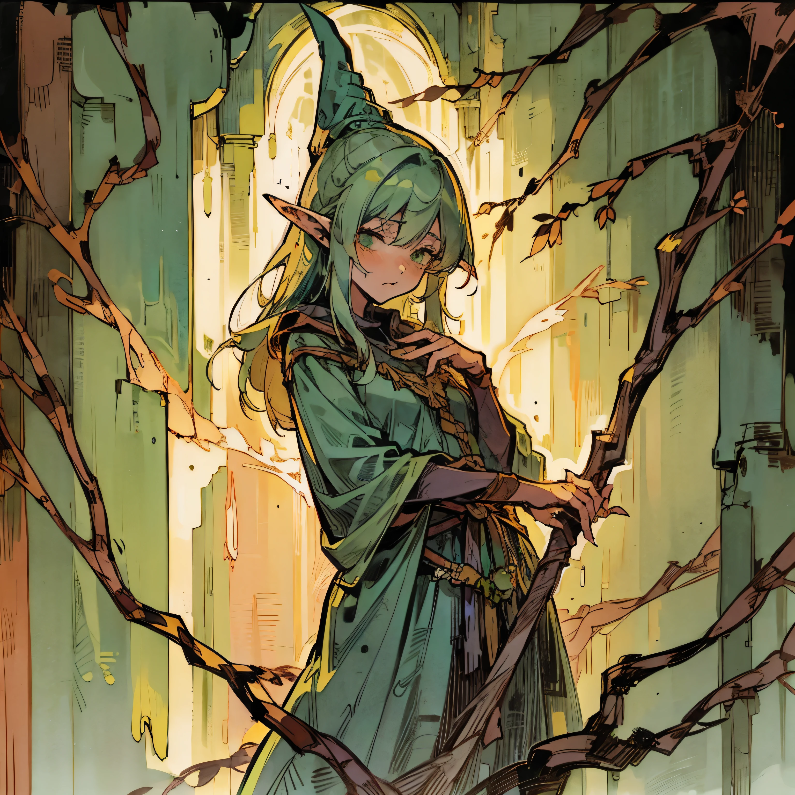 Green haired elf, mage, wooden branch, nervous, shy(detailed) 